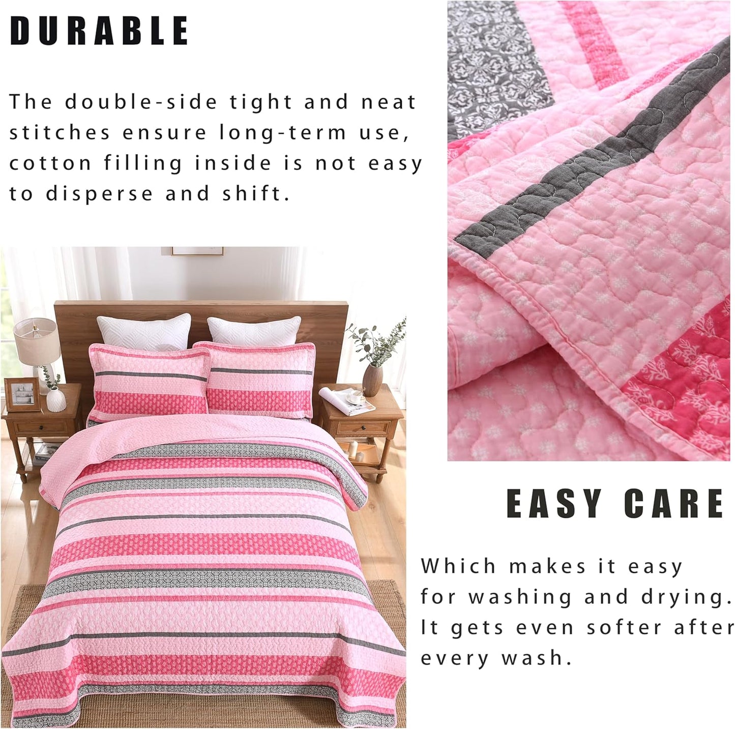Homzard Quilts Queen Size, Cotton Comforter Set, Hot Pink Grey Queen Bed Set, Lightweight Striped Bedding, Farmhouse Bedspread All Season 3 Pieces