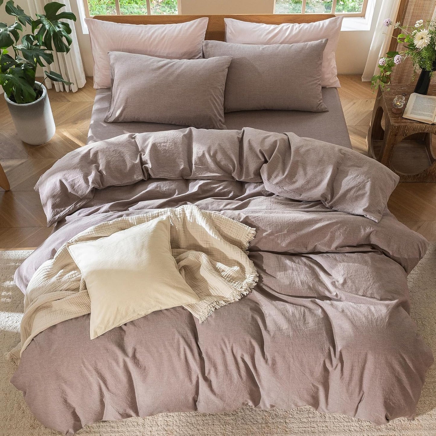 MooMee Bedding Duvet Cover Set 100% Washed Cotton Linen Like Textured Breathable Durable Soft Comfy (Heathered Mauve Brown, Cal King 104"x98")