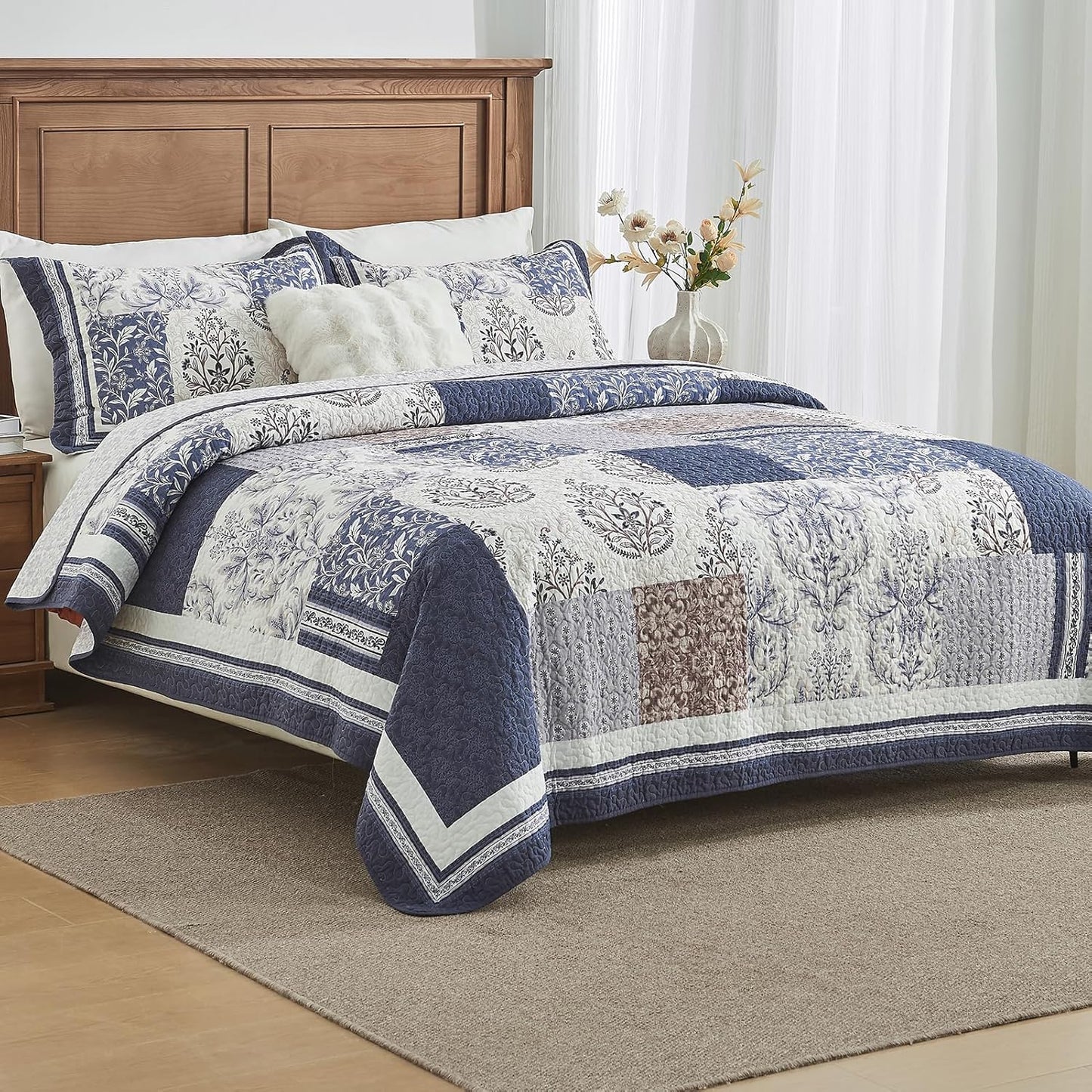 100% Cotton Quilt Set Queen Size - Floral Quilted Comforter, Patchwork Botanical Queen Quilt Bedspread, Reversible Vintage Farmhouse Lightweight Bedding for Queen Bed, 3pcs, Blue/Beige