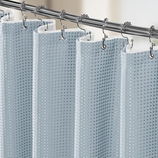3 in 1 Shower Curtain Set, Waffle Shower Curtain and Liner Set with 12 Double Sided Shower Curtain Hooks, 258GSM Luxury Weighted Cloth Shower Curtains for Bathroom, 72 W x 72 H, Fog Blue