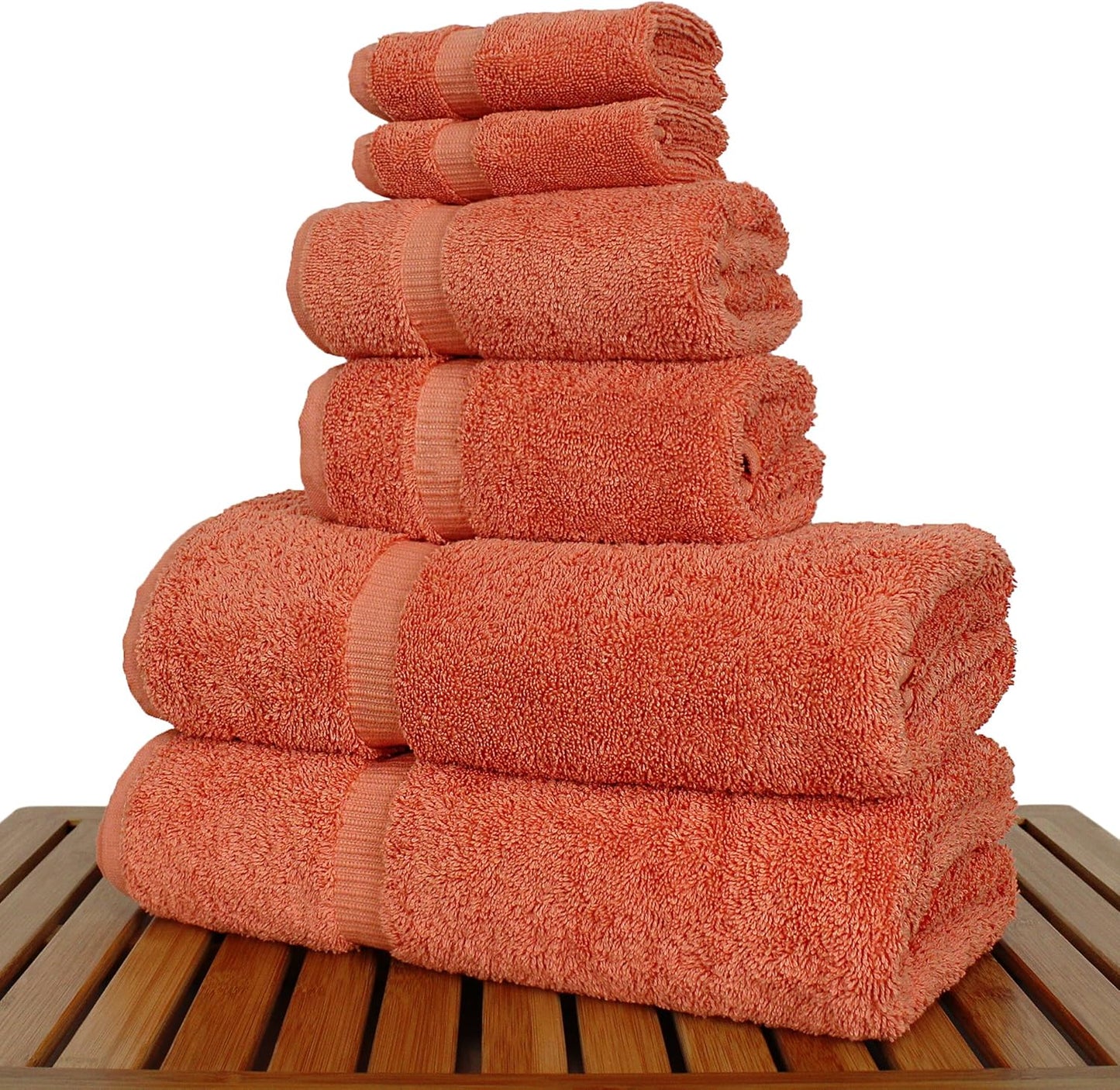 Luxury Hotel & Spa Quality Collection, Highly Absorbent & Quick Dry 100% Turkish Cotton, 750+ GSM, Eco Friendly Towel, Dobby Border Towels, 2 Bath Towel, 2 Hand Towel, 2 Washcloths (6 Piece, Coral)