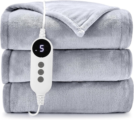 HYLEORY Heated Electric Blanket Throw, 2-Layer Cozy Warm Flannel 62" x 84", Heating Blanket with 9 Heating Levels, 2/4/6/10 Hours Auto Off, Fast Heating Winter Blanket, Light Grey