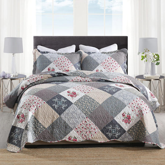 HoneiLife Quilt Set Queen Size - 3 Piece Microfiber Quilts Reversible Bedspreads Patchwork Coverlets Floral Bedding Set All Season Quilts-Grey Rose,Queen/Full Size
