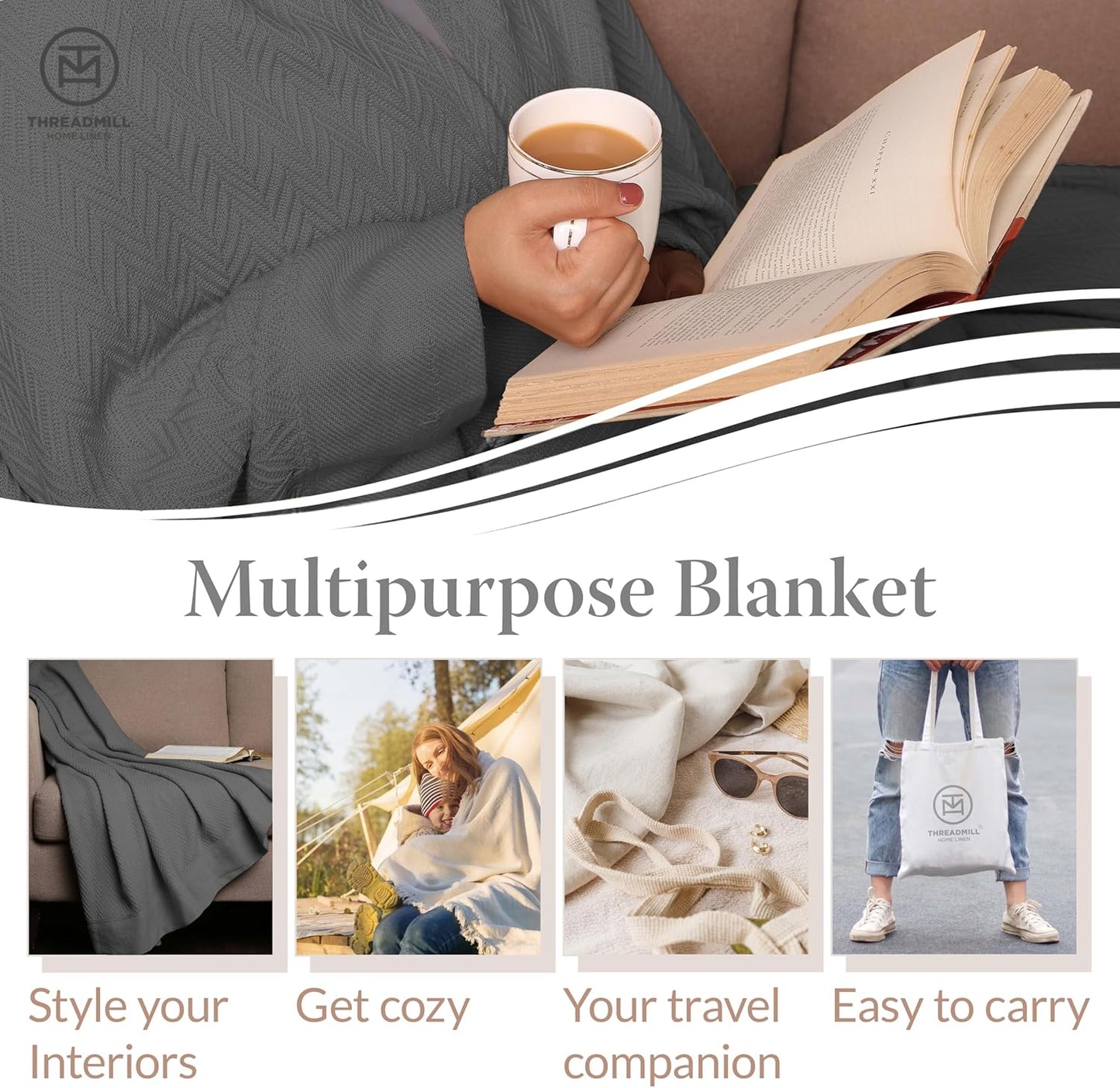 Threadmill Luxury Cotton Blankets for Queen Size Bed | All-Season 100% Cotton Queen Size Blanket | Herringbone Cozy, Soft Breathable Fall Thermal Blanket fits Full Size Bed | Dark Grey