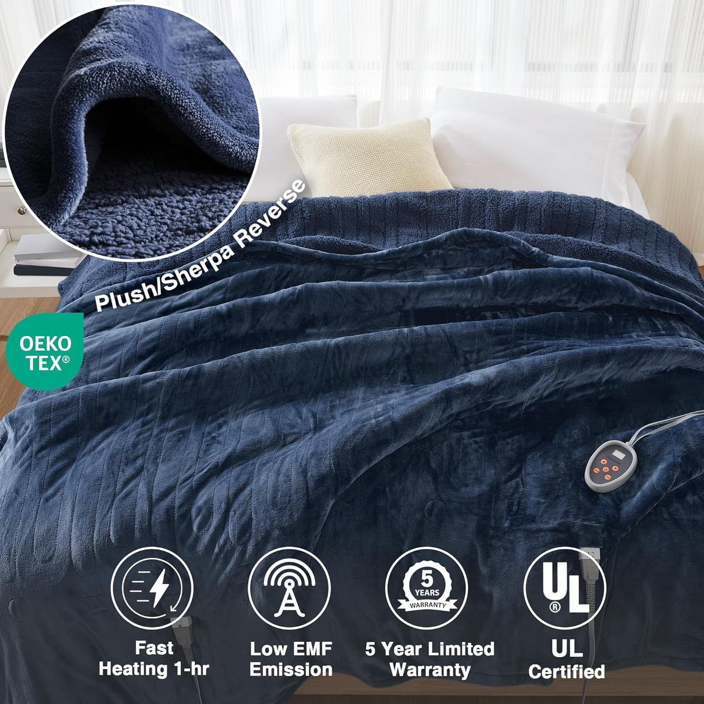 Beautyrest Auto Shut Off, Virtually Zero EMF, Multi Heat Setting, UL Certified, Machine Washable Reversible Microlight to Sherpa Electric Blanket, Full, Indigo