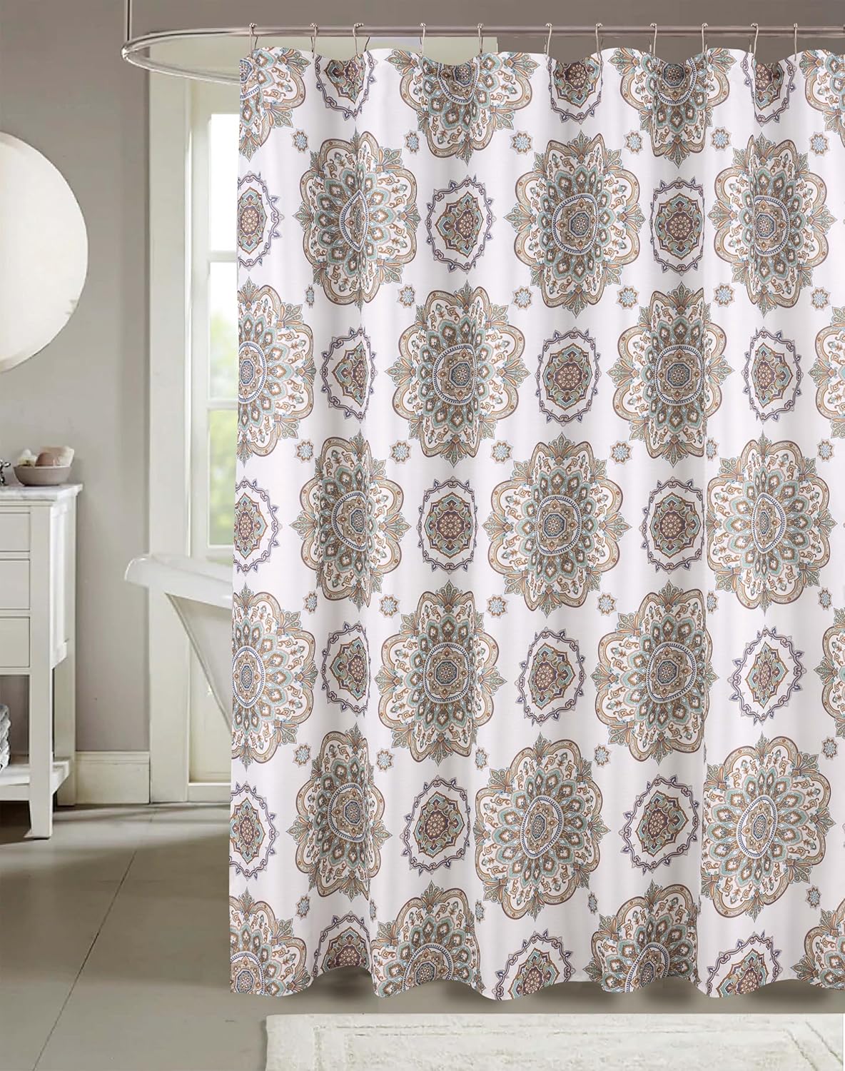 Serafina Home Hotel Quality Fabric Bathroom Shower Curtain: Floral Damask - Blue, Green, Brown, Taupe and Creme (72 x 70 inches)