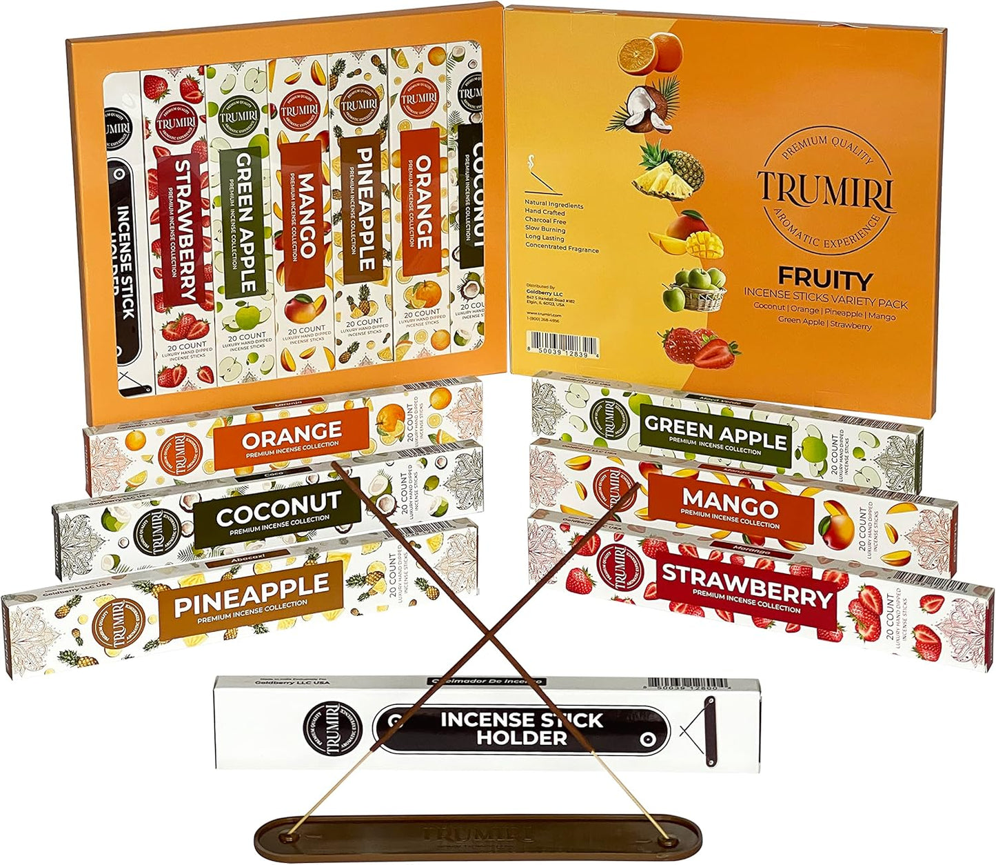 Fruity Incense Sticks Variety Pack - 120 Insence-Sticks (6 Incents x 20 Insense) - Coconut Orange Pineapple Mango Strawberry Apple - Natural Inscents-Sticks Non Toxic Inciensos + Stick Incense Holder