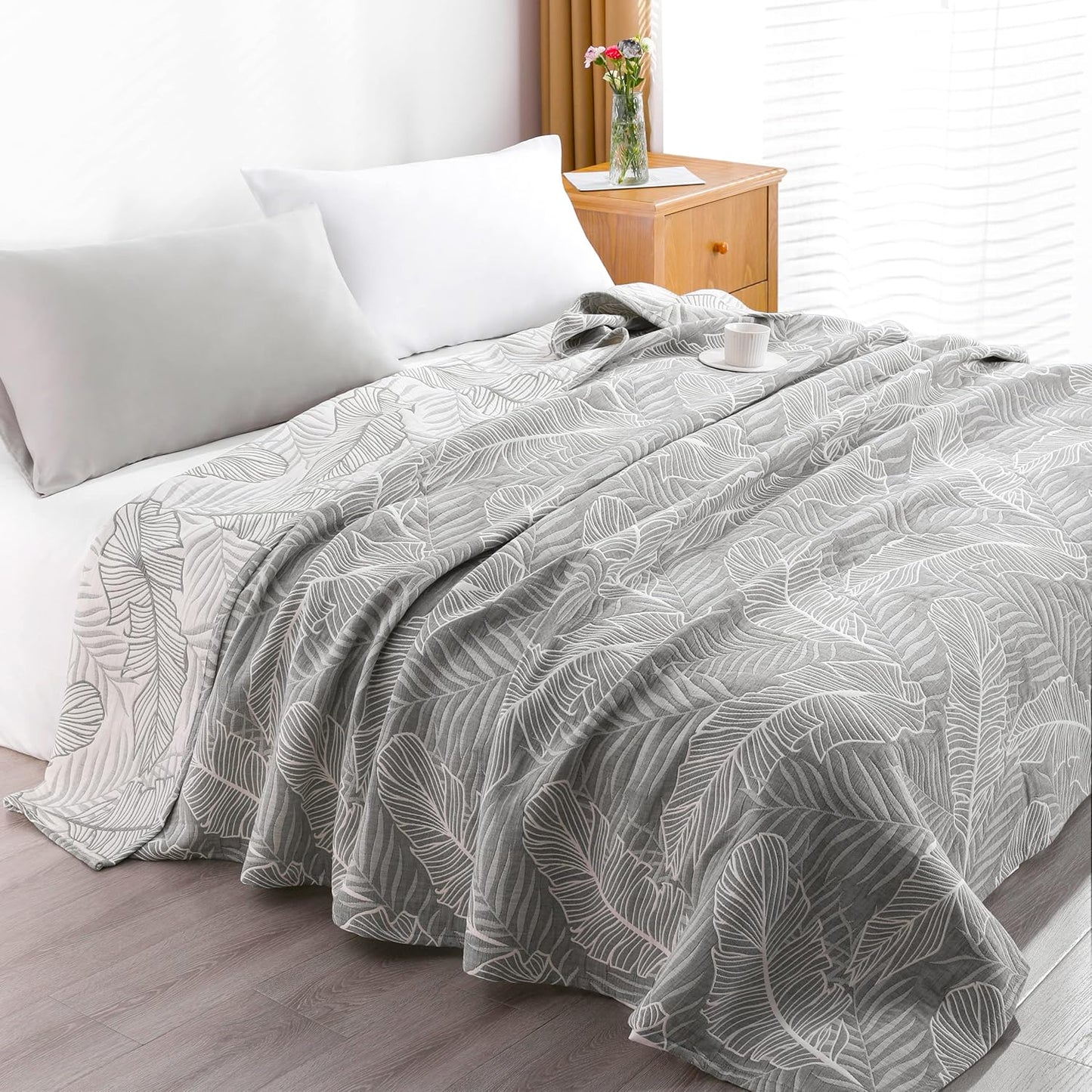 NTBAY 3 Layers Cotton Muslin 88x92 Queen Bed Blanket, Super Soft Breathable Thermal Yarn Dyed Quilt for Adults, Perfect Lightweight Blanket for Couch Sofa Bed All Seasons, Dark Grey Leaf