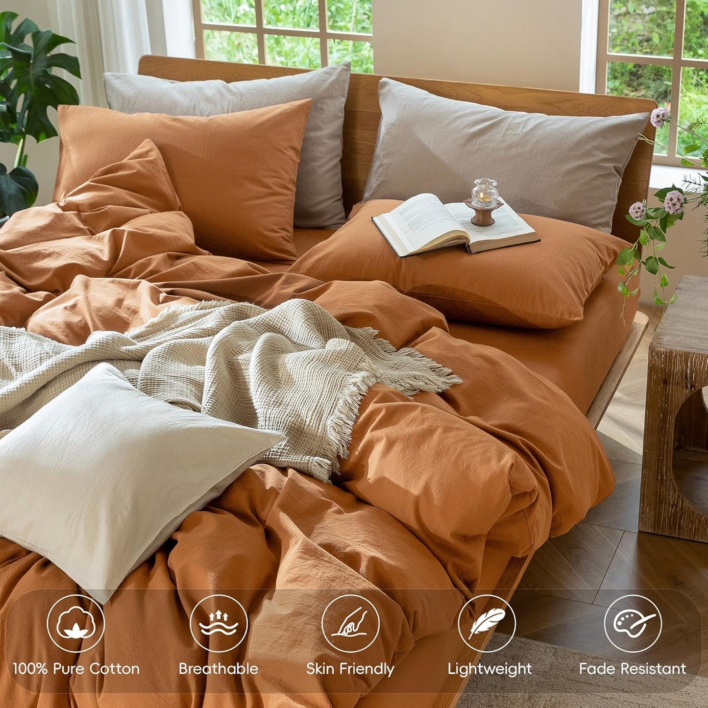 MooMee Bedding Duvet Cover Set 100% Washed Cotton Linen Like Textured Breathable Durable Soft Comfy (Solid Burnt Orange, Oversized Queen 98"x98")