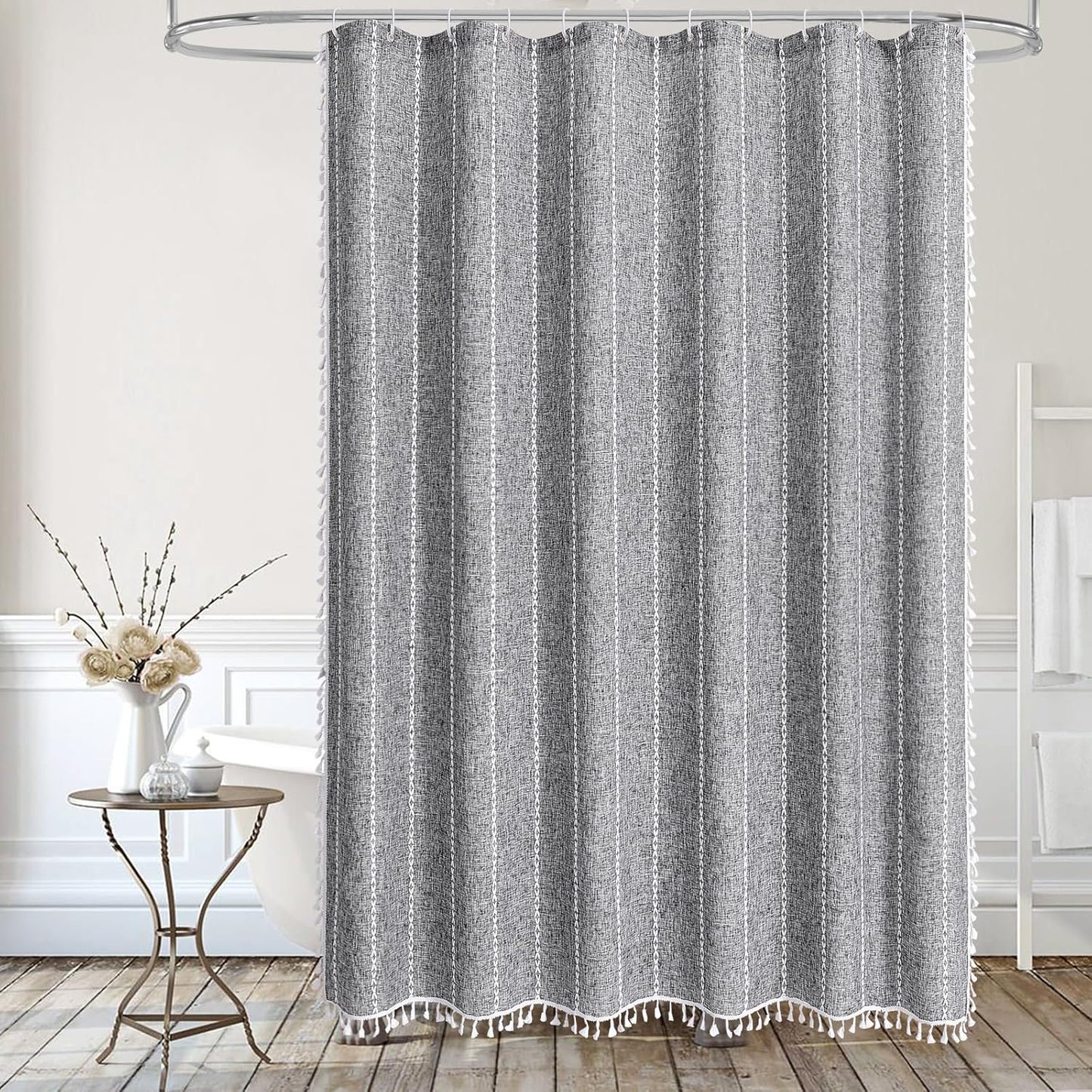 MitoVilla Boho Extra Long Shower Curtain 72 x 96, Darkgrey Modern Farmhouse 96 inch XL Polyester Linen Texture Tassel Fabric Shower Curtain Set with Hooks for Cottagecore Country Bathroom Decor
