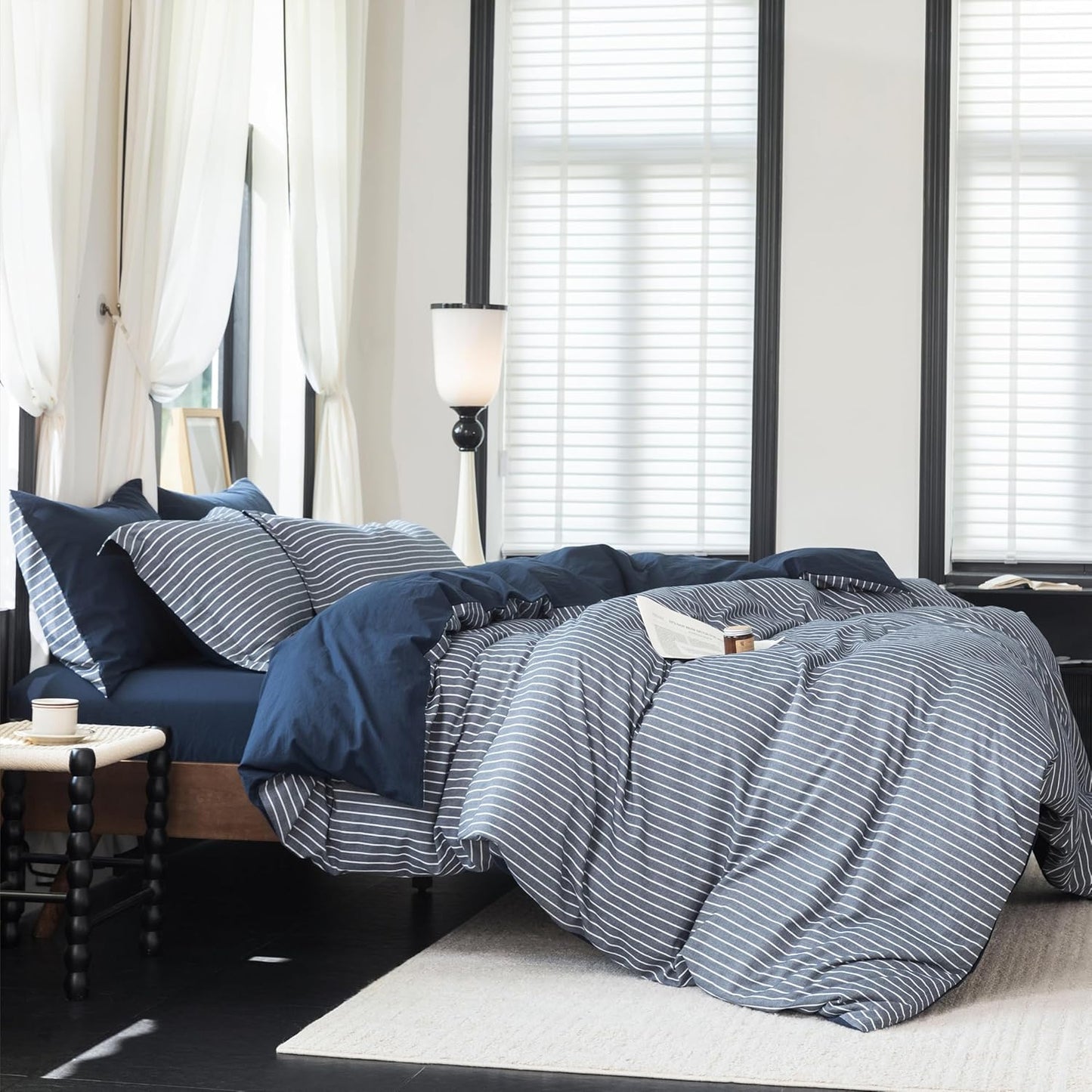 Reversible Duvet Cover Set 100% Washed Cotton Blue Stripe Linen Feel Duvet Cover King Size with Zipper Closure & 2 Pillow Shams,Navy/White Stripe Reverse Solid Navy