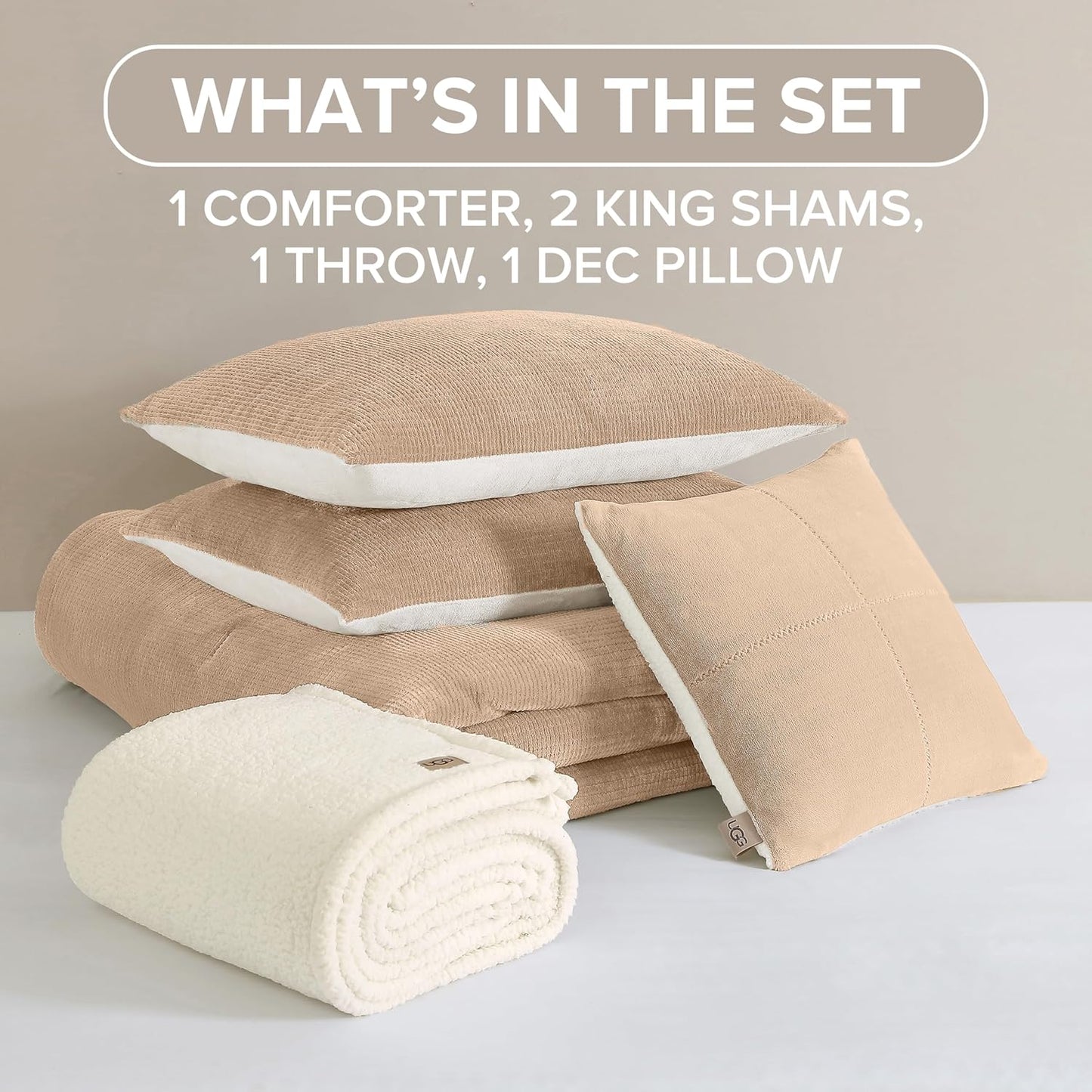 UGG Comforter Set 5 Piece Bed in a Bag with Throw Blanket, Decorative Pillow, Shams, and Reversible Comforter Hypoallergenic Washable Luxury Warm Fluffy Bedding Set, Ivory, King Size (Remina)