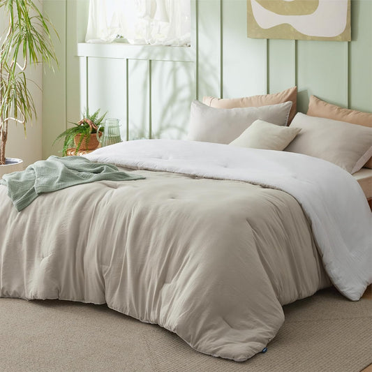 Bedsure Full Size Comforter Set, Reversible Beige Soft Prewashed Bedding for All Seasons, 3 Pieces Warm Down Alternative Bed Set, 1 Lightweight Comforter (82"x86") and 2 Pillowcases (20"x26")