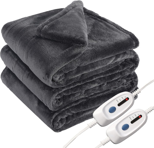 Electric Heated Blanket Queen Size 84"x90", Dual Controllers, Cozy Large Oversized, 4 Heating Levels & 10 Hours Auto Off, Cozy for Bed, Sofa, & Office, Machine Washable, Dark Gray