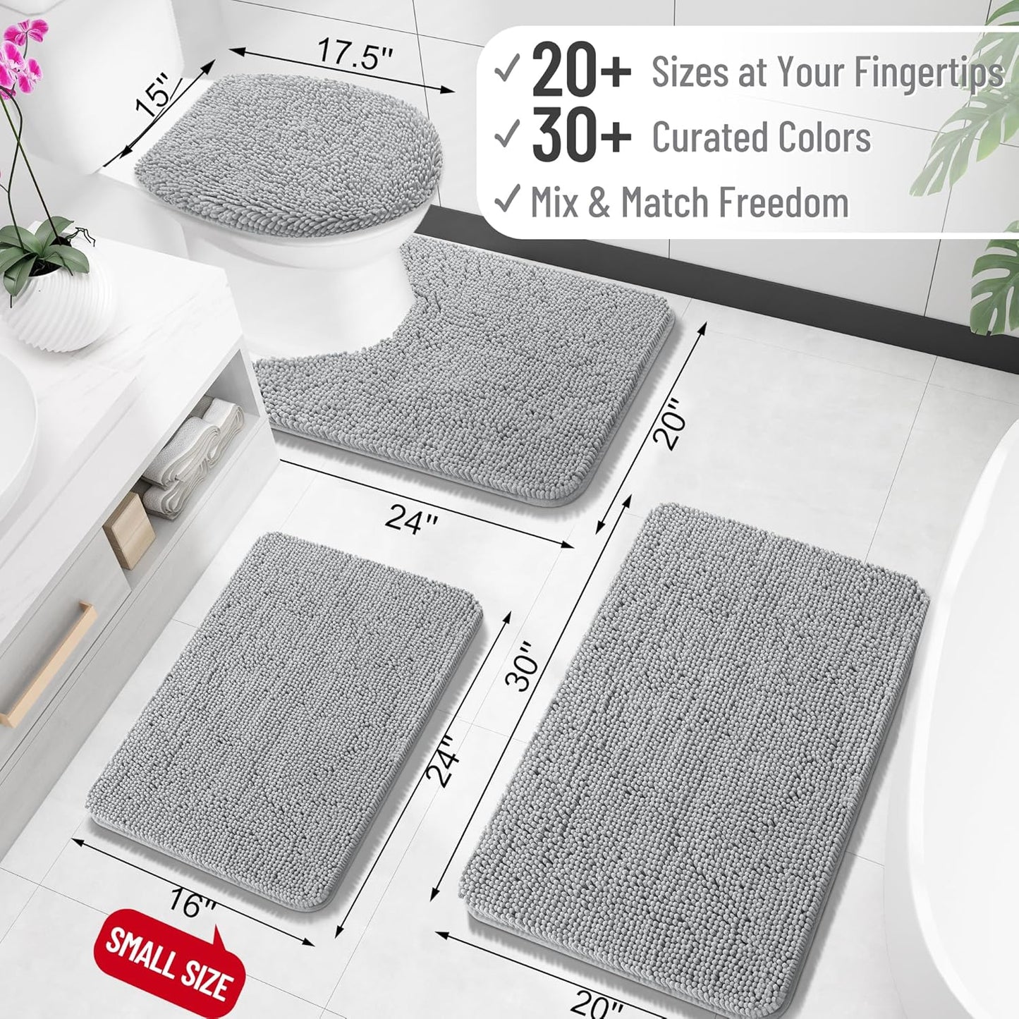 OLANLY Toilet Rugs U-Shaped 24x20, Extra Soft Absorbent Chenille Contour Bathroom Rugs for Toilet, Dry Quickly, Machine Washable, Non-Slip Bath Mat, Light Grey