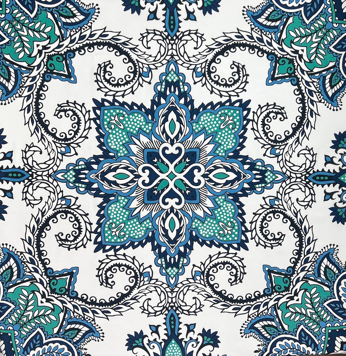 Serafina Home Boho Shower Curtain, Navy Teal White Mandala Floral Design, Fabric, 72 x 72 inches, Stain-Resistant, Paisley Pattern, with Hooks