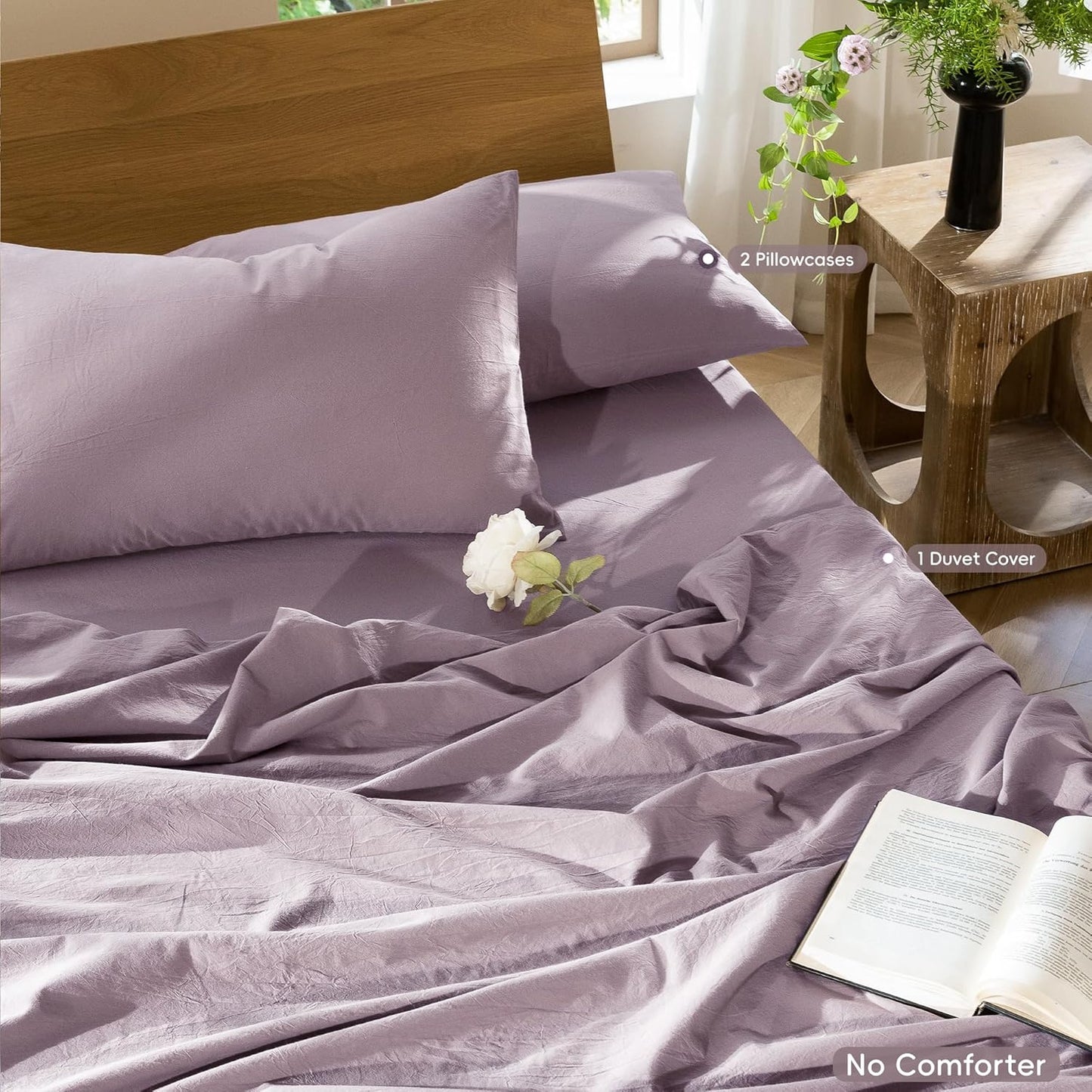 MooMee Bedding Duvet Cover Set 100% Washed Cotton Linen Like Textured Breathable Durable Soft Comfy (Solid Taro Purple, Super King 108"x98")