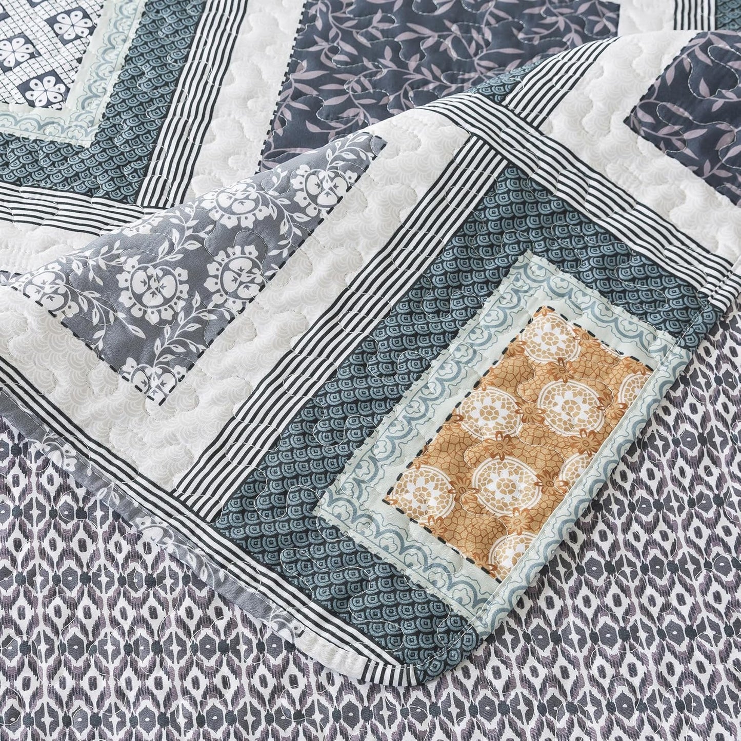 HoneiLife Queen Quilt Bedding Set - 3 Pieces Microfiber Quilt Sets Lightweight Bedspreads Reversible Coverlets Rustic Bed Cover Floral Bedding Set All Season Quilts-Grey