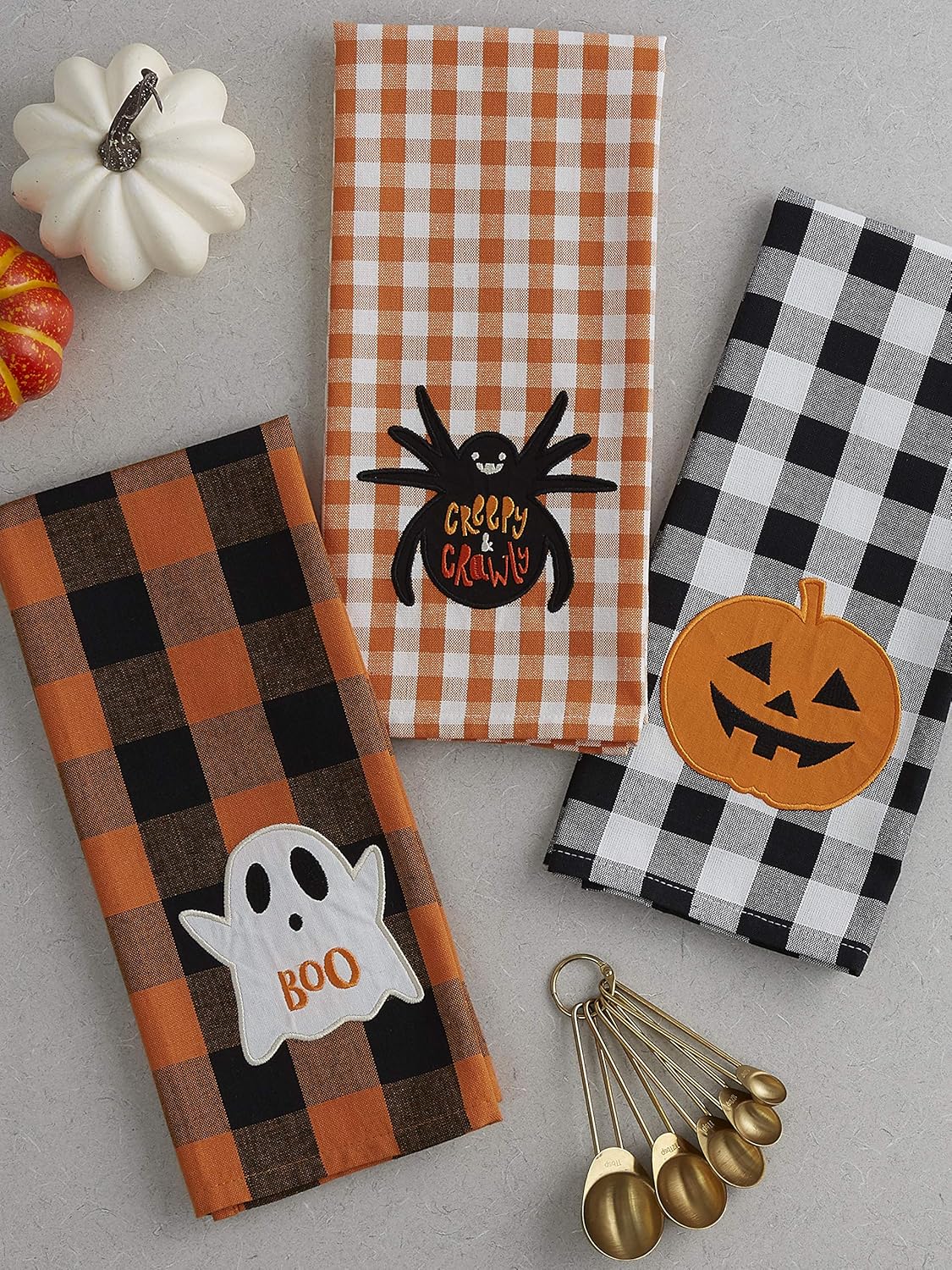 DII Happy Halloween Dishtowel Collection Embellished Cotton Kitchen Hand Towel Set, 18x28, Spooky Farmhouse Buffalo Check, 3 Count