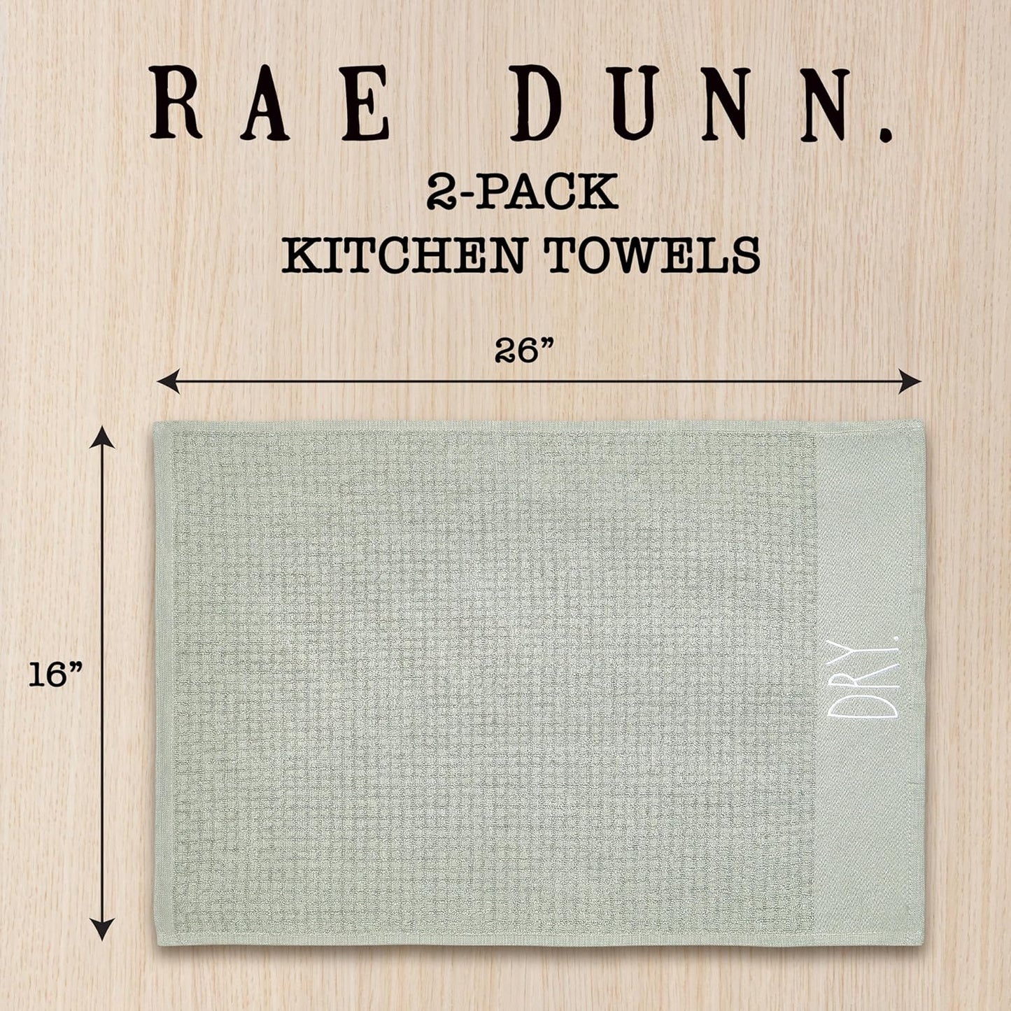 Rae Dunn Hand Towels, Embroidered Decorative Hand Towel for Kitchen and Bathroom, 100% Cotton, Sage- Wash/Dry, 16"x 26"