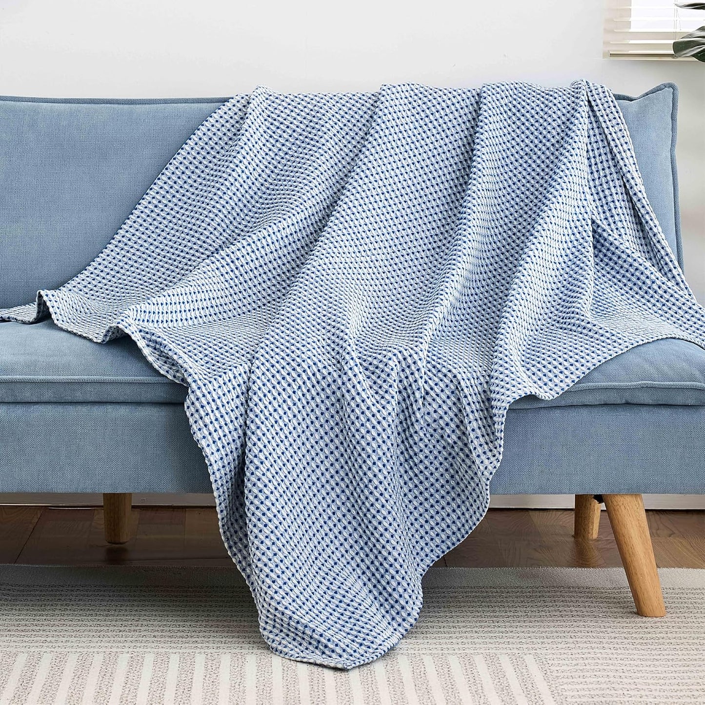 EGOHOME 100% Cotton Waffle Blanket Twin Size for Bed-Breathable and Lightweight,Soft Dual-Tone Textured Jacquard Waffle Weave Blankets for All Seasons,Navy Blue,60 x 80 Inches