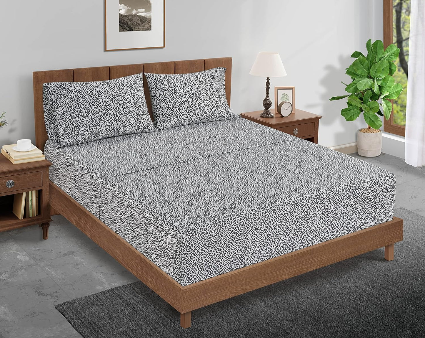 LANE LINEN 100% Organic Cotton Sheets Queen, 4-Piece Bed Sheets Queen Size Cotton, Luxury Sheets, Percale Weave,Breathable Bed Sheets Queen Size Deep Pockets Fits Upto 15" - Chetah Charcoal