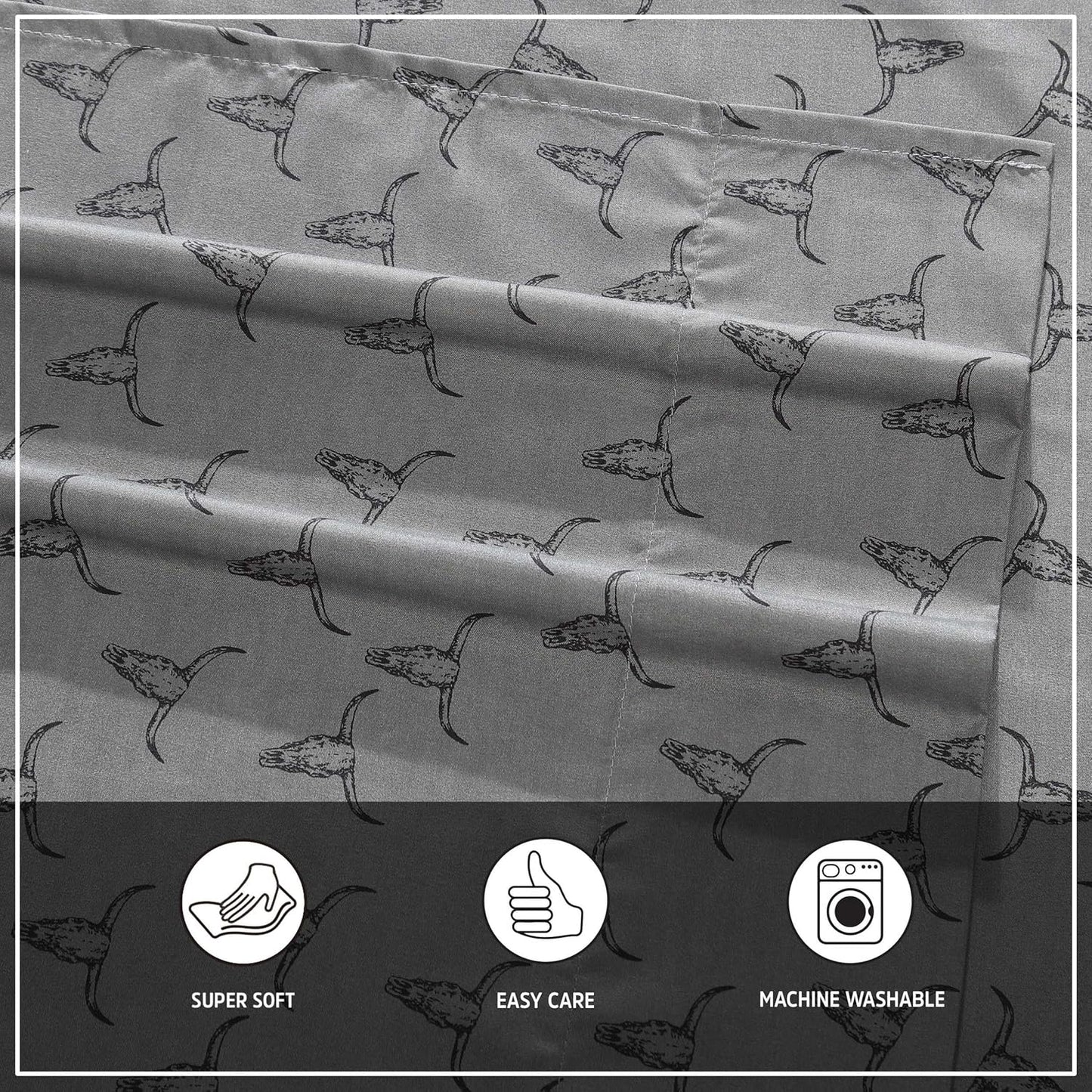 Wrangler - Full Bed Sheets, Ultra-Soft & Lightweight Bedding with Matching Pillowcases, Lightweight Bed Set for All Season Comfort, Oeko-Tex Certified (Steer Skulls Grey)