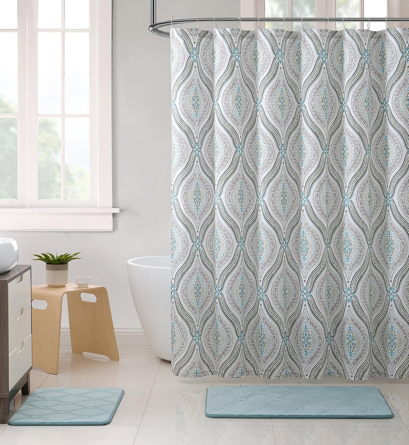 Serafina Home Hotel Quality Fabric Bathroom Shower Curtain: Modern Damask Paisley - Beige, Green and Taupe (72 x 70 inches)
