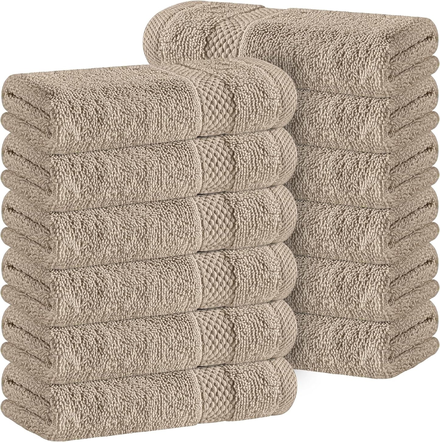 White Classic Luxury Cotton Washcloths 13x13 Inch - 650 GSM Turkish Cotton | Hotel, Spa, Bathroom Face Towel | 12 Pack, Taupe