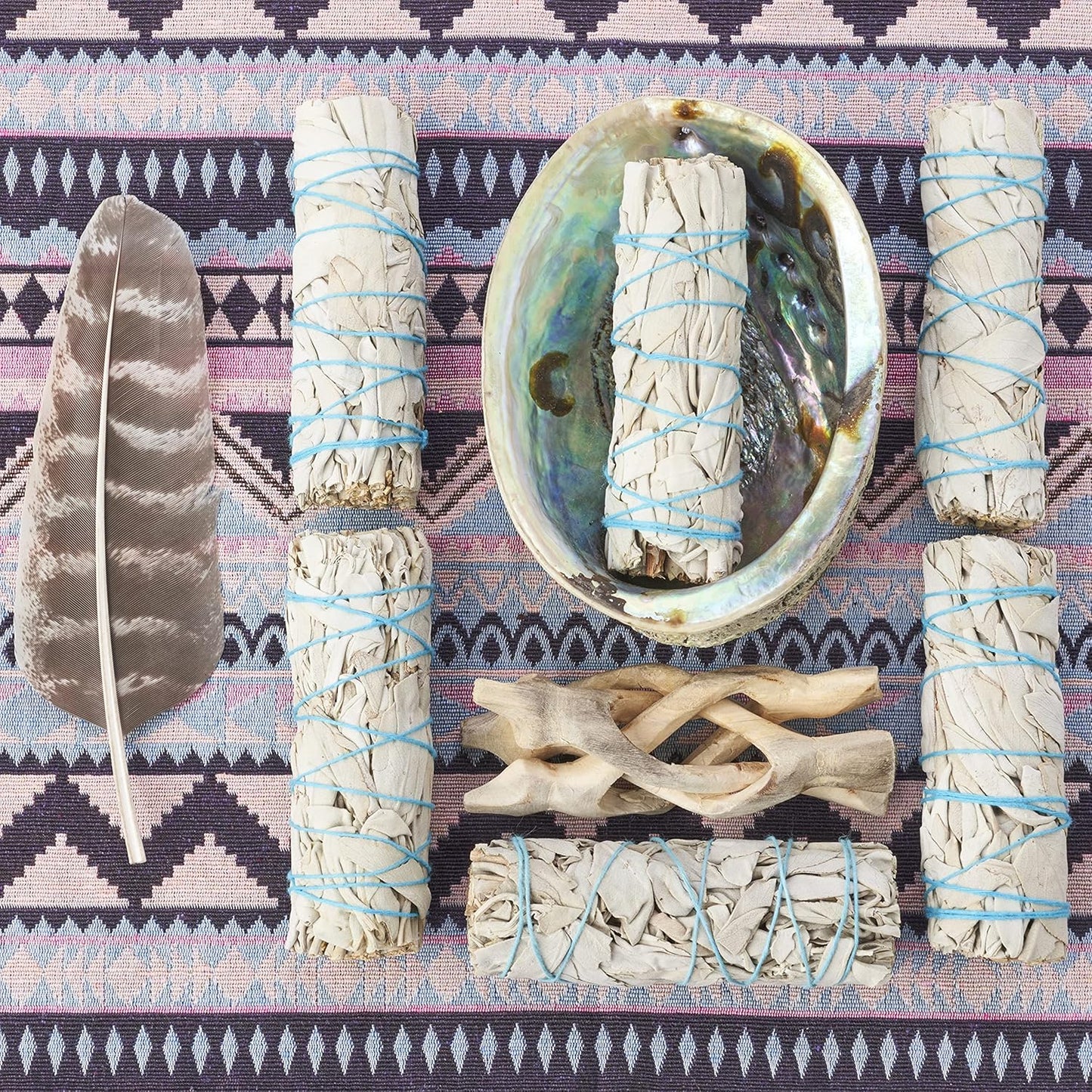 6 White Sage Smudge Kit with Feather + Abalone Shell + Stand + Instructions for Use | Spiritual Use Smoke Cleanse Ceremony Sage Bundle Smudging Kit (6 Sage Smudge Kit)