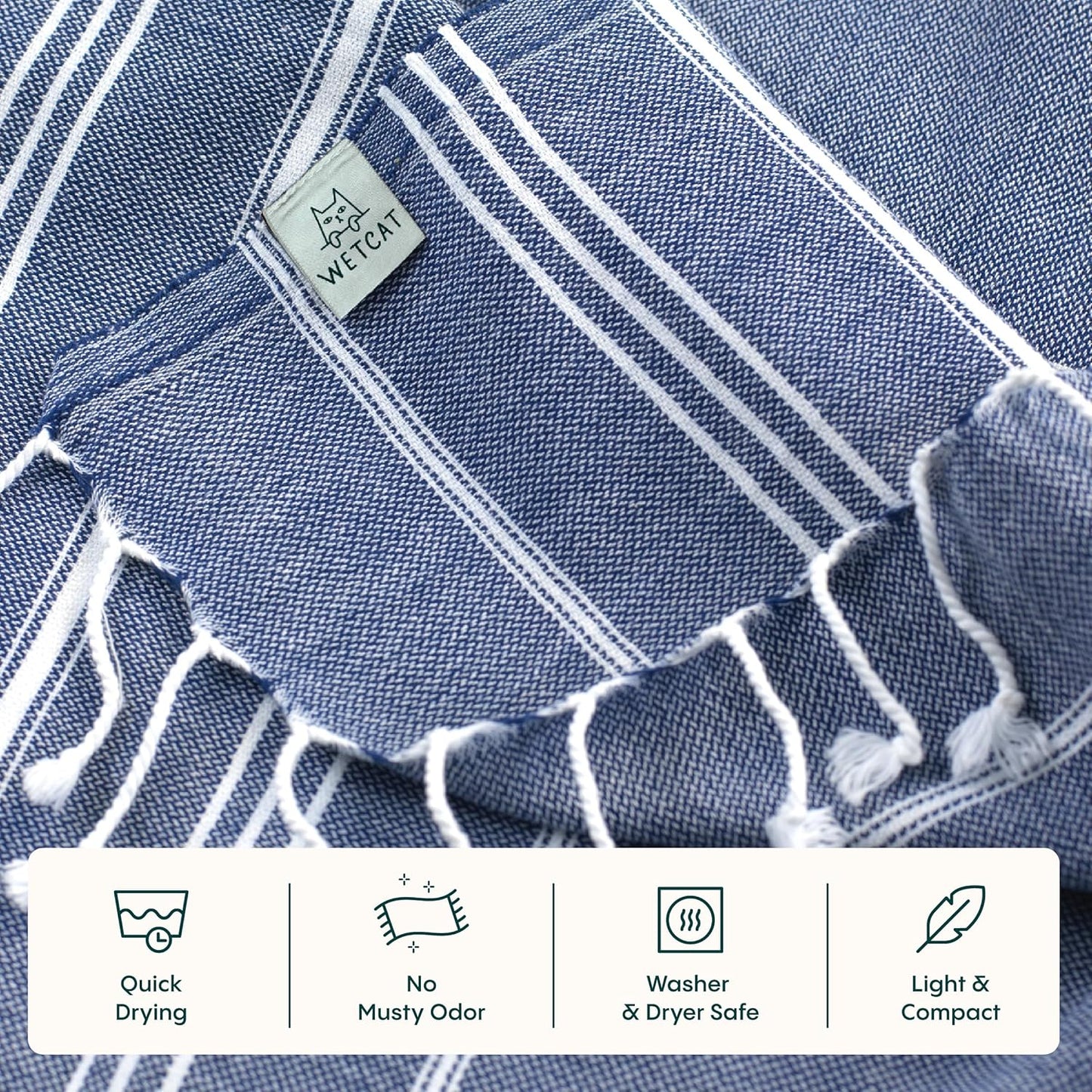 WETCAT Turkish Hand Towels with Hanging Loop, Set of 2 (20" x 30") 100% Turkish Cotton, Pre-Washed, Quick Drying, for Kitchen or Bathroom - Navy Blue