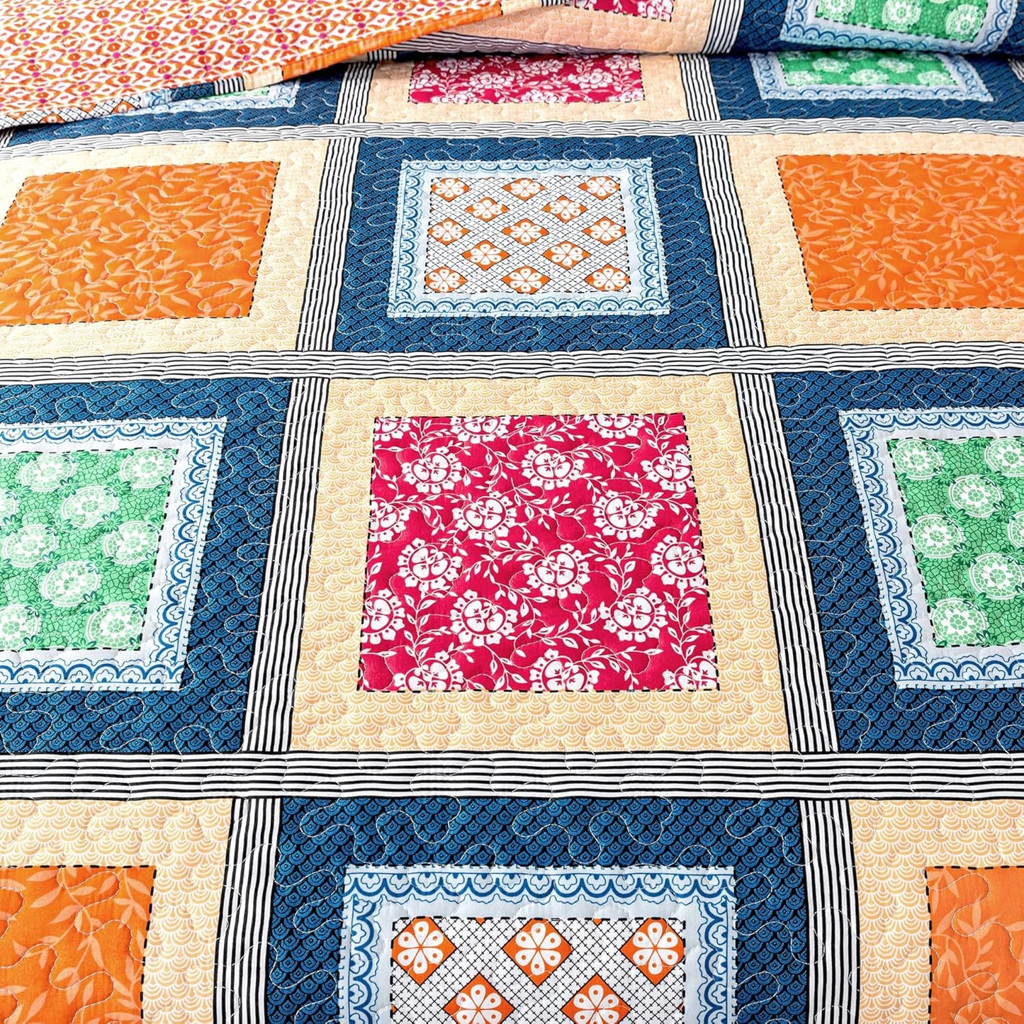 HoneiLife Quilt Set Queen Size - Retro Bedspreads 3-Pieces,Lightweight Coverlets for Queen Bed,Patchwork Bed Cover, Queen Quilt Bedding Set All Season Quilts-Orange