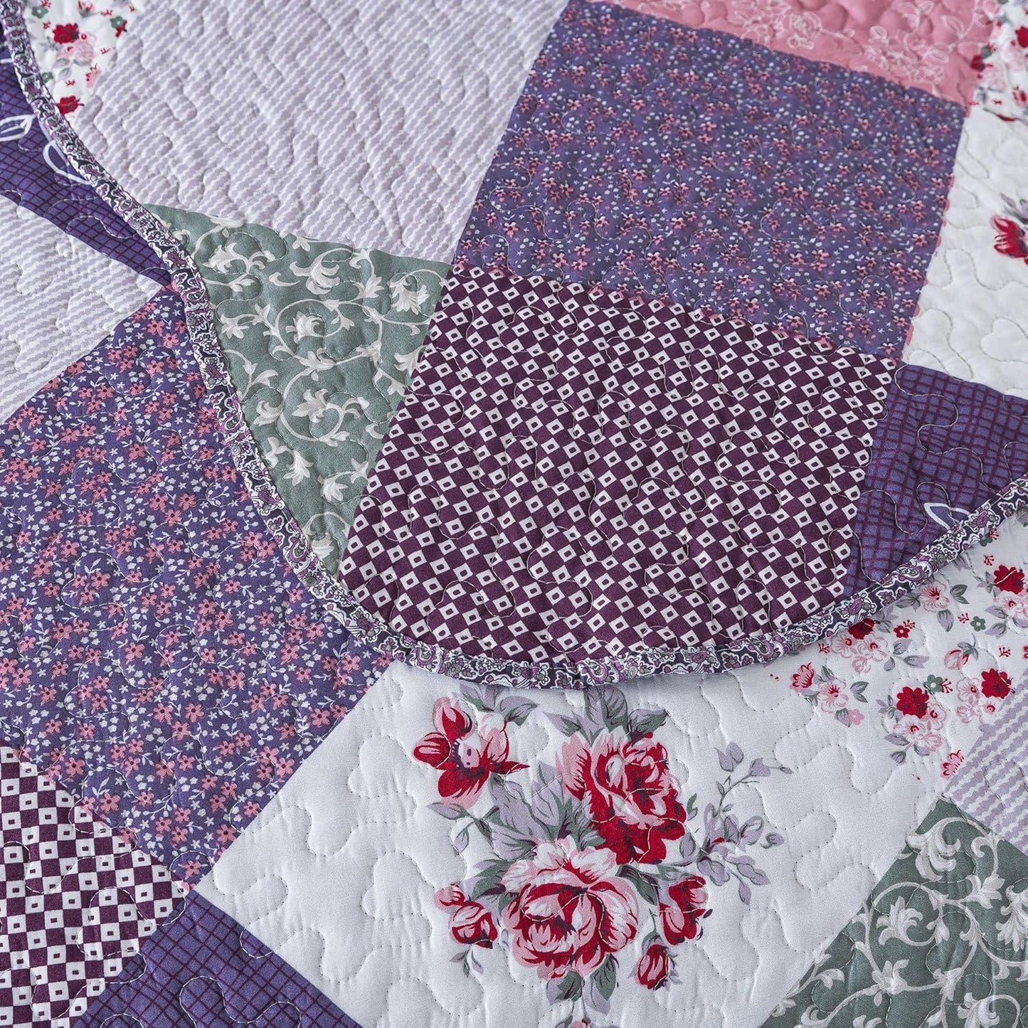 HoneiLife Quilt Set Queen Size - 3 Piece Microfiber Reversible Bedspreads Patchwork Coverlets Floral Bedding Set All Season Quilts with Geometric and Little Rose Print Pattern