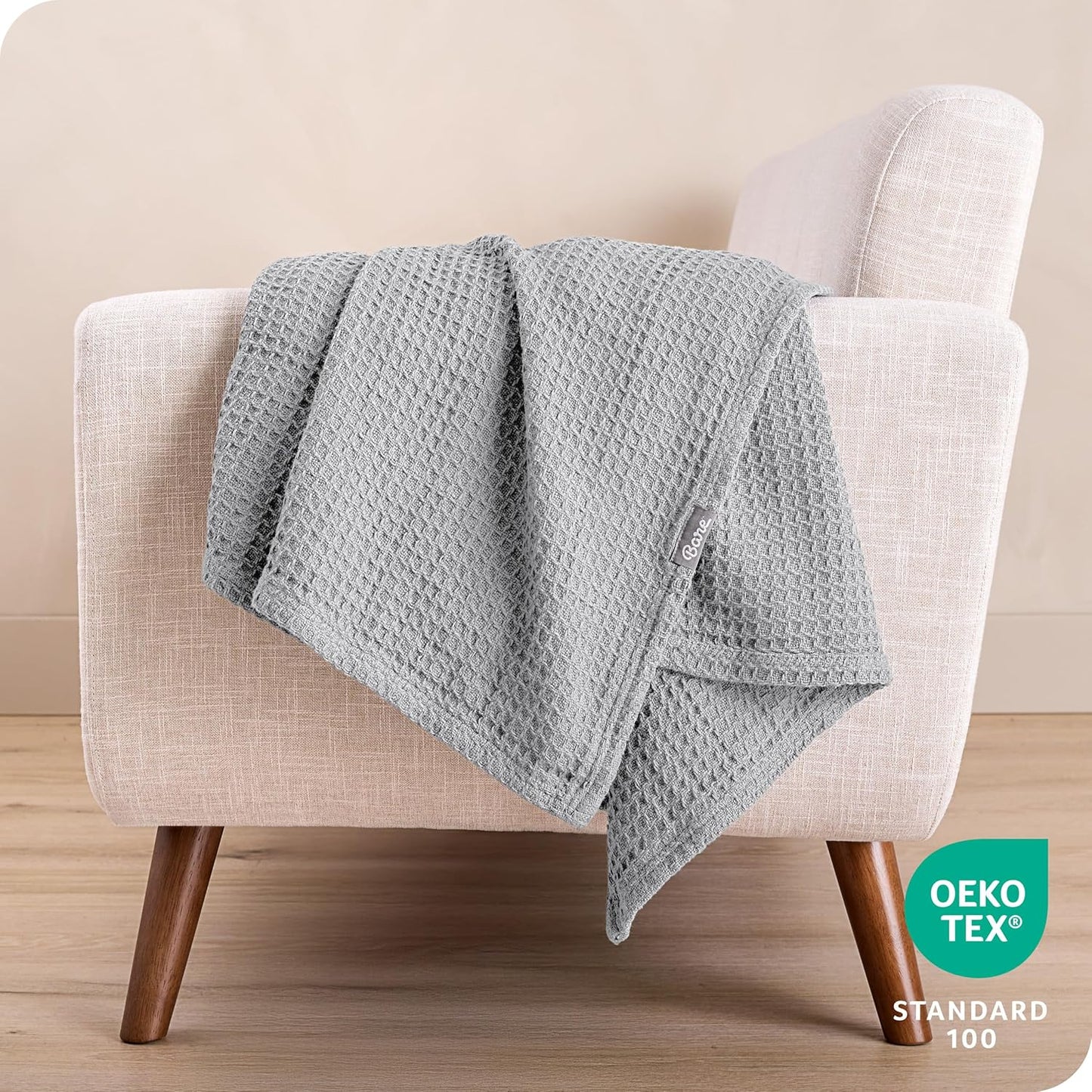 Bare Home Light Grey Waffle Blanket Extra Long 66Wx90L, 100% Cotton, Soft & Breathable Throw for All Seasons, Lightweight Blanket, Perfect for Layering Bed, Sofa & Couch (Twin/Twin XL, Light Grey)