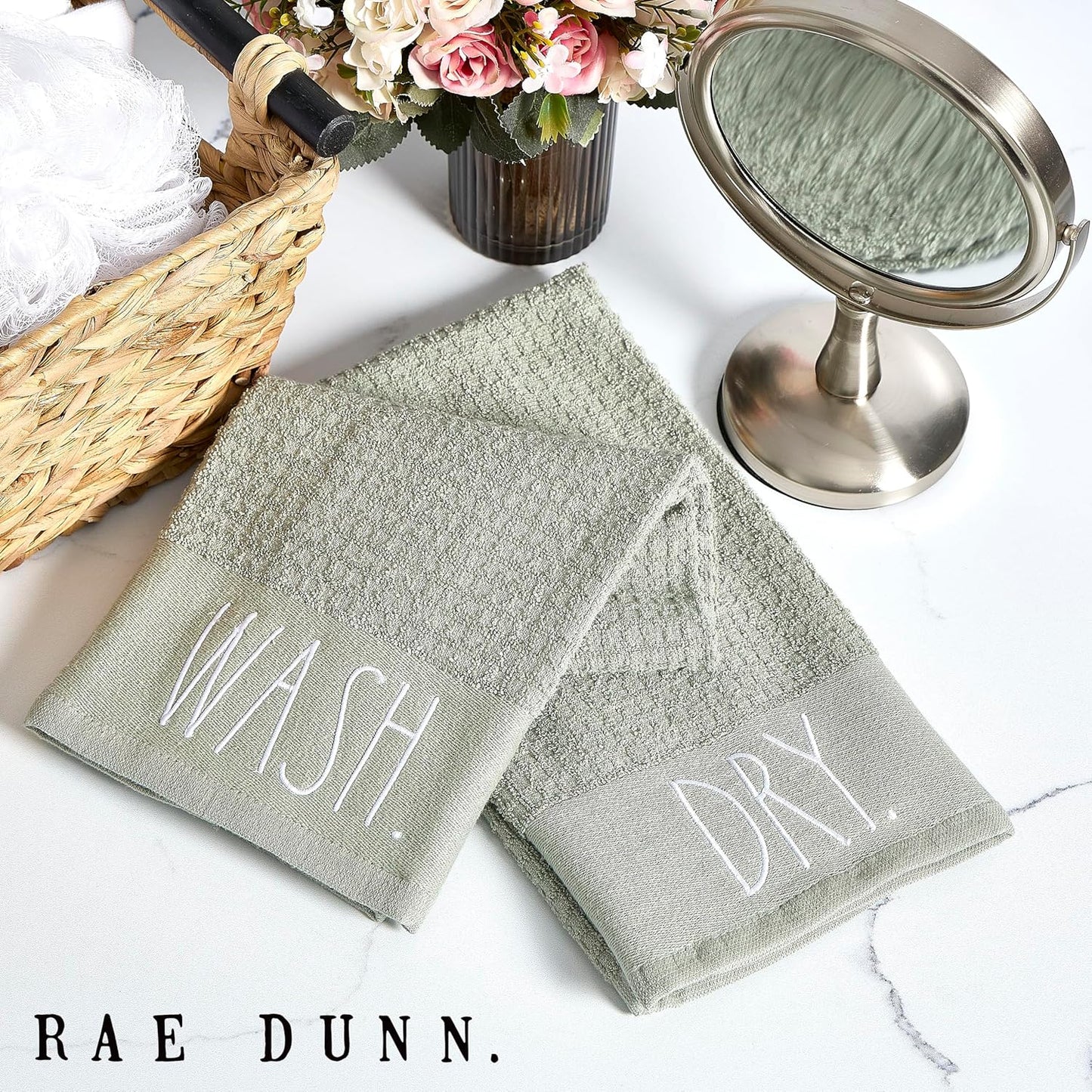 Rae Dunn Hand Towels, Embroidered Decorative Hand Towel for Kitchen and Bathroom, 100% Cotton, Sage- Wash/Dry, 16"x 26"