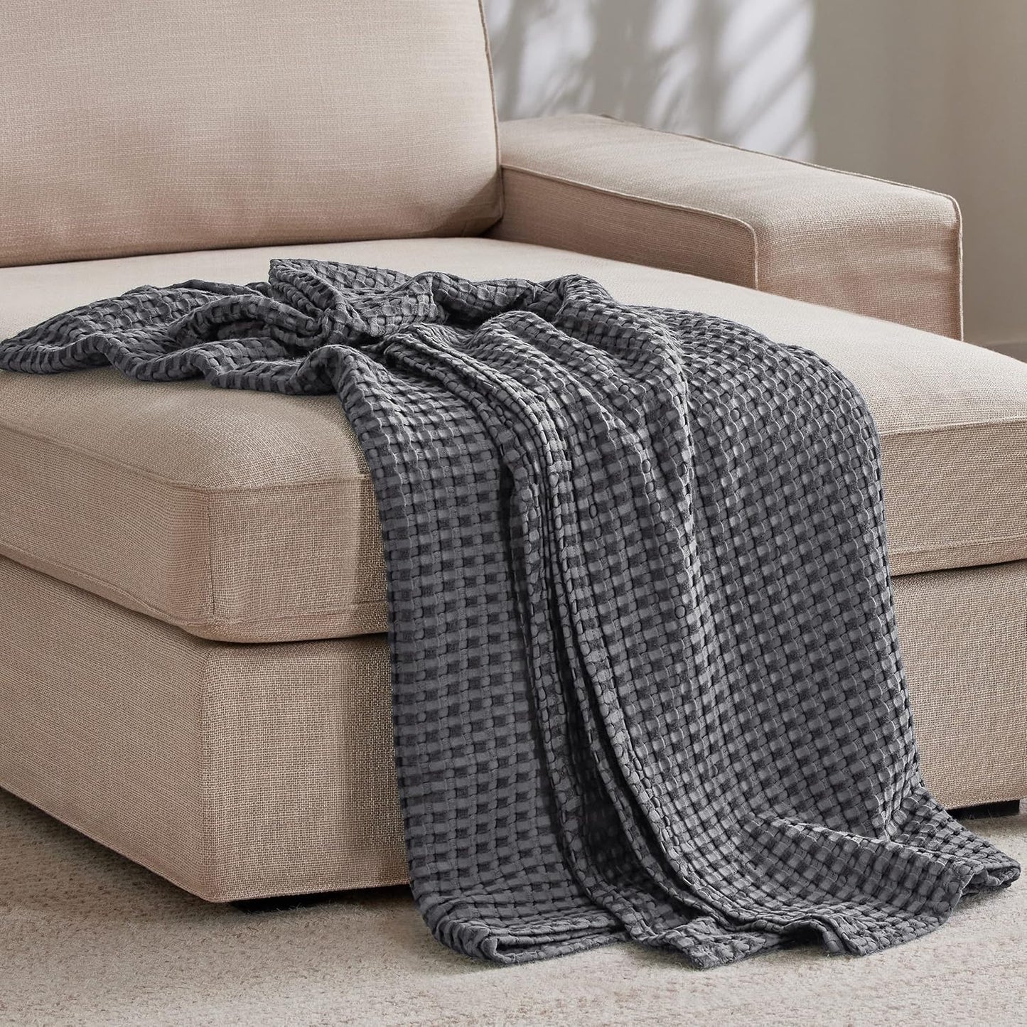 Bedsure Cooling Cotton Waffle Weave Blanket - Lightweight Breathable Blanket of Rayon Derived from Bamboo for Hot Sleepers, Luxury Throws for Bed, Couch and Sofa, Dark Grey, 50x70 Inches