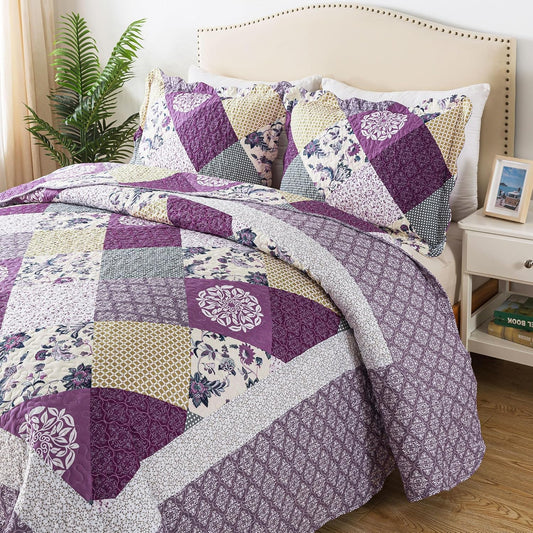 HoneiLife Queen Size Quilt Sets - 3 Pieces Queen Quilt Bedding Set Microfiber Quilt Set Lightweight Bedspreads Reversible Coverlets Retro Bed Cover Floral Bedding Set All Season Quilts-Beige & Purple