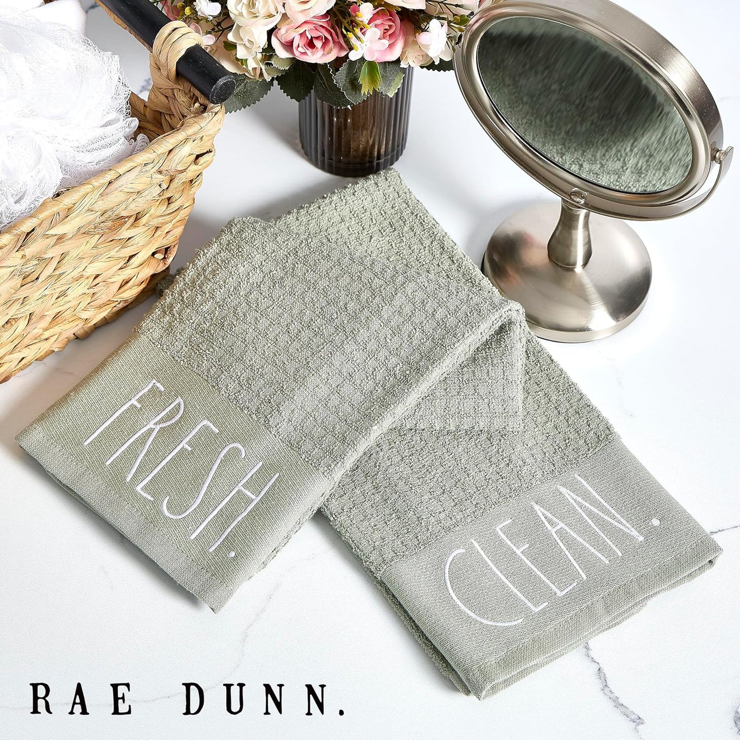Rae Dunn Hand Towels, Embroidered Decorative Hand Towel for Kitchen and Bathroom, 100% Cotton, Sage- Fresh/Clean, 16"x 26"