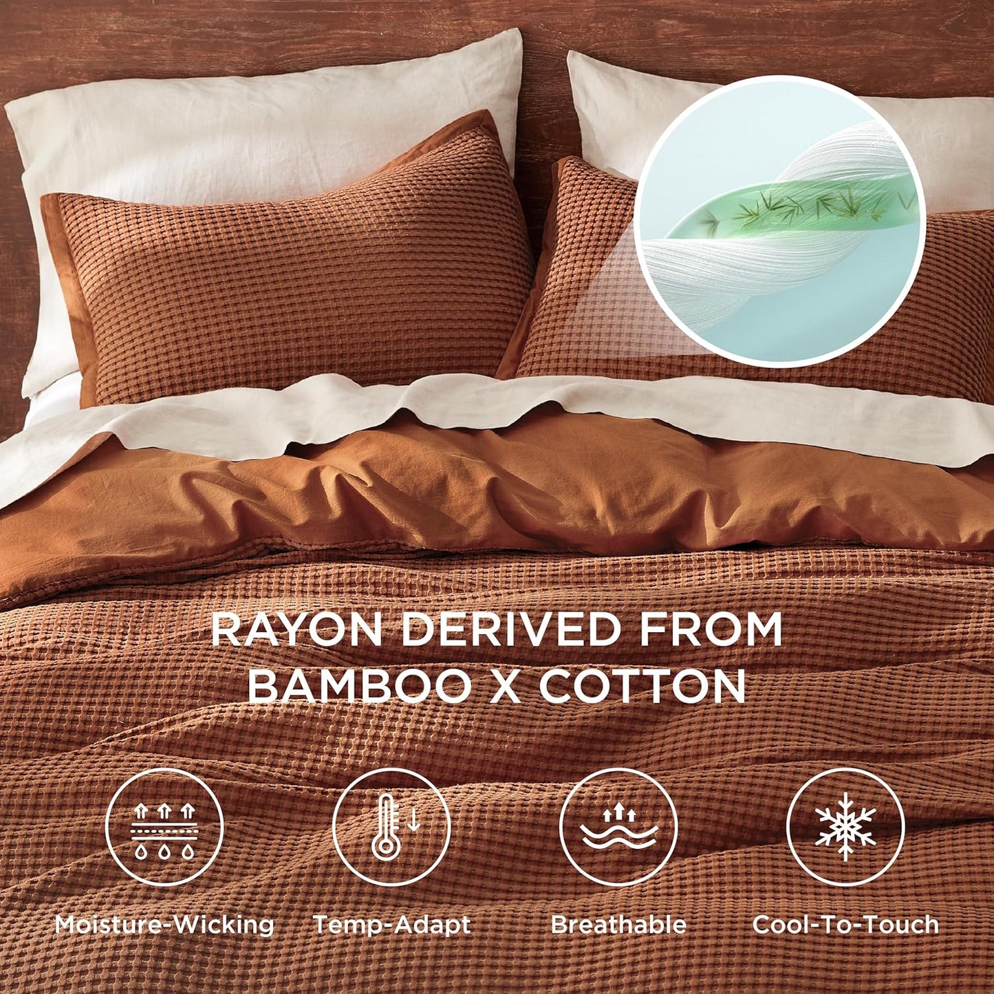 Bedsure Cooling Waffle Duvet Cover Queen - Cotton Blend Rayon Derived from Bamboo Duvet Cover Set for Hot Sleepers, Breathable Bedding Set With a Vintage Charm, 3 Pieces (Burnt Orange, Queen, 90"x90")