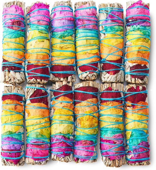 JL Local Chakra Sage Smudge Sticks 4 Inch | Natural Flower White Sage Smudging Wands | Bulk Quantities for Home Cleansing, Meditation, & Smudging Rituals | Sustainably Sourced California White Sage