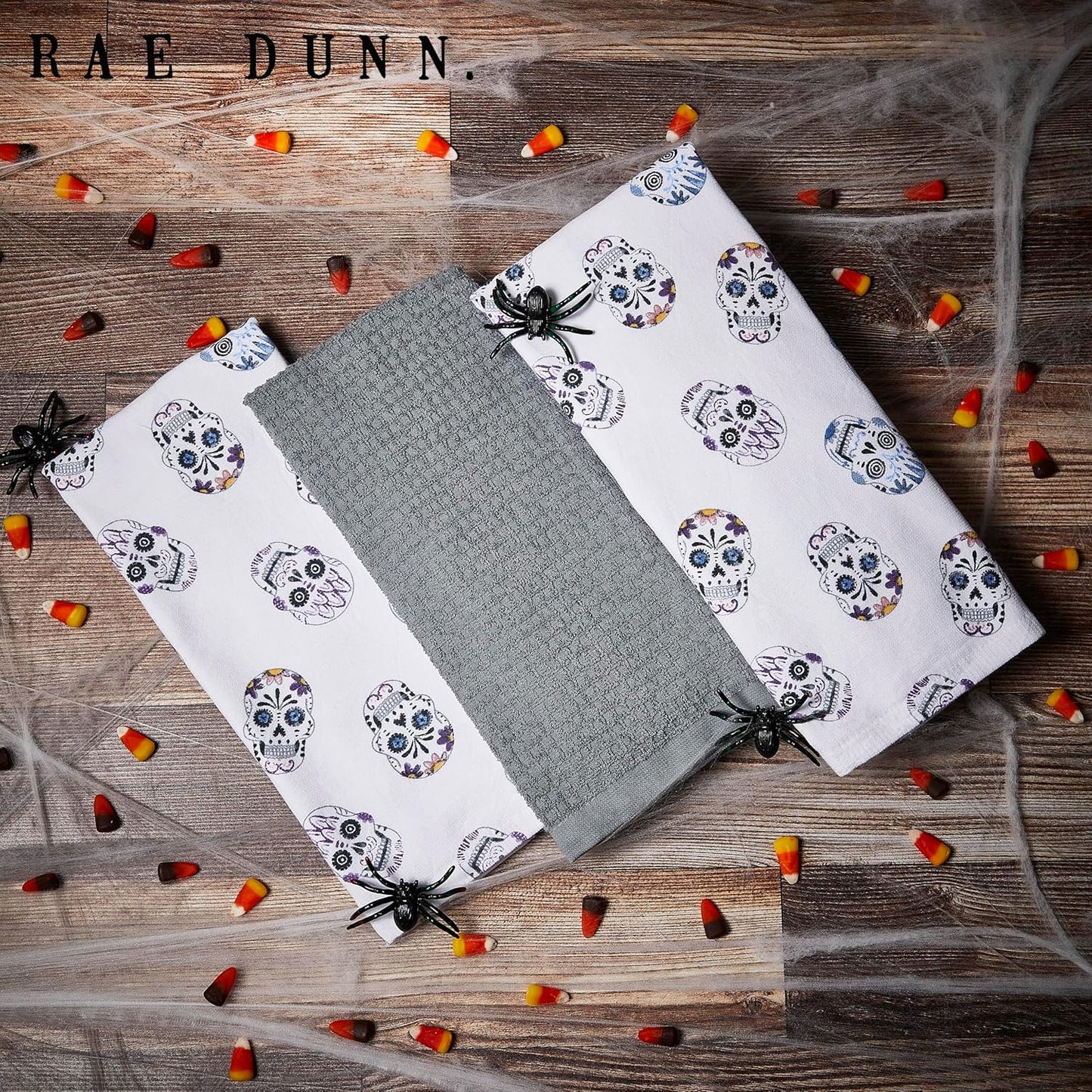 Rae Dunn Set of Hand Towels for Kitchen and Bathroom, 100% Cotton, Embroidered Dish Towels, Decorative Hand Towels, Skulls/Gray, 3 Pack