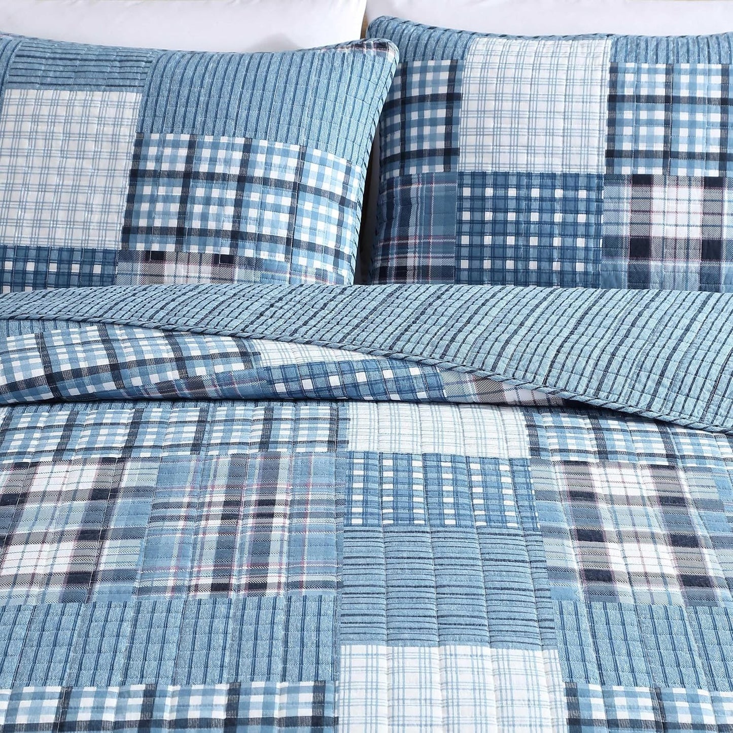 Eddie Bauer - Twin Quilt Set, Reversible Cotton Bedding with Matching Sham, Patchwork Plaid Bedding Set (Hawthorne Blue, Twin)