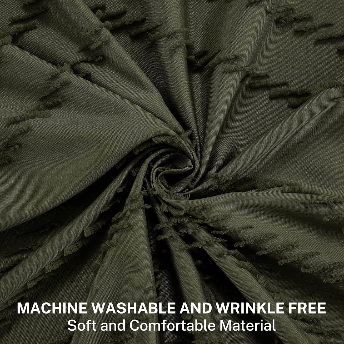 Boho Extra Long Olive Green Shower Curtain with Tassel, Woven Fabric, Tufted Chevron Striped, 72 x 78, Modern Chic Textured Minimalist