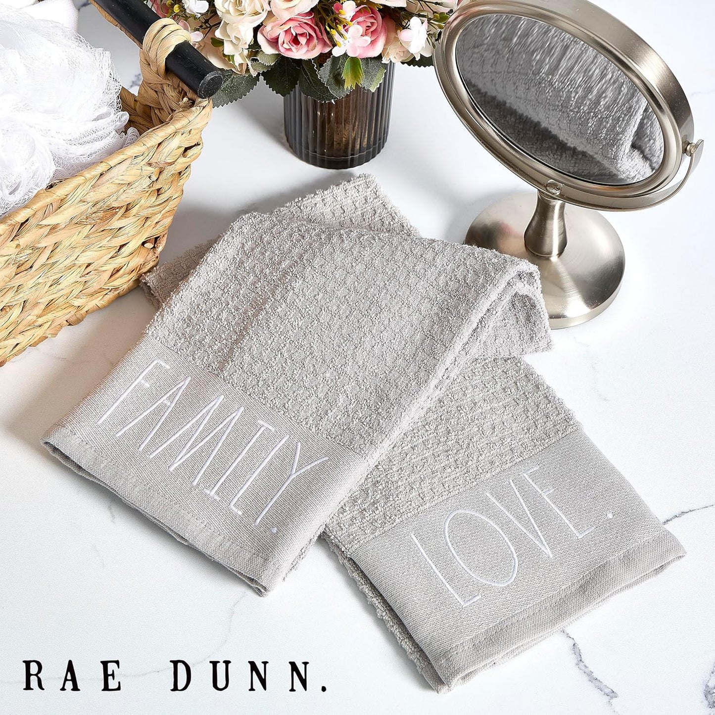 Rae Dunn Hand Towels, Embroidered Decorative Hand Towel for Kitchen and Bathroom, 100% Cotton, Gray- Family/Love, 16"x 26"
