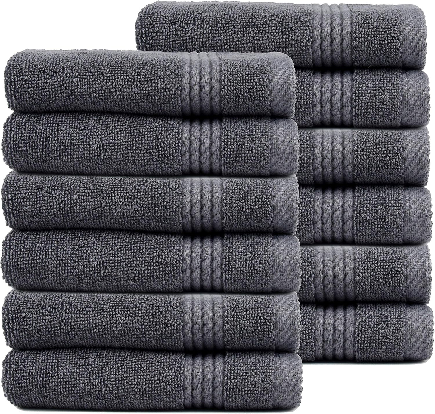 EastNBlue Lara 100% Turkish Cotton Washcloths 12 Pack, Extra Soft & Absorbent Wash Cloths for Face & Body (12" x 12"), Terry Cloth, Small Hand Towels for Bathroom, Dark Grey
