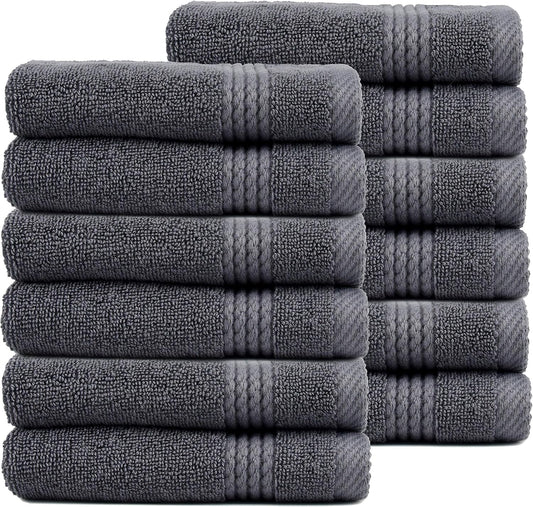 EastNBlue Lara 100% Turkish Cotton Washcloths 12 Pack, Extra Soft & Absorbent Wash Cloths for Face & Body (12" x 12"), Terry Cloth, Small Hand Towels for Bathroom, Dark Grey