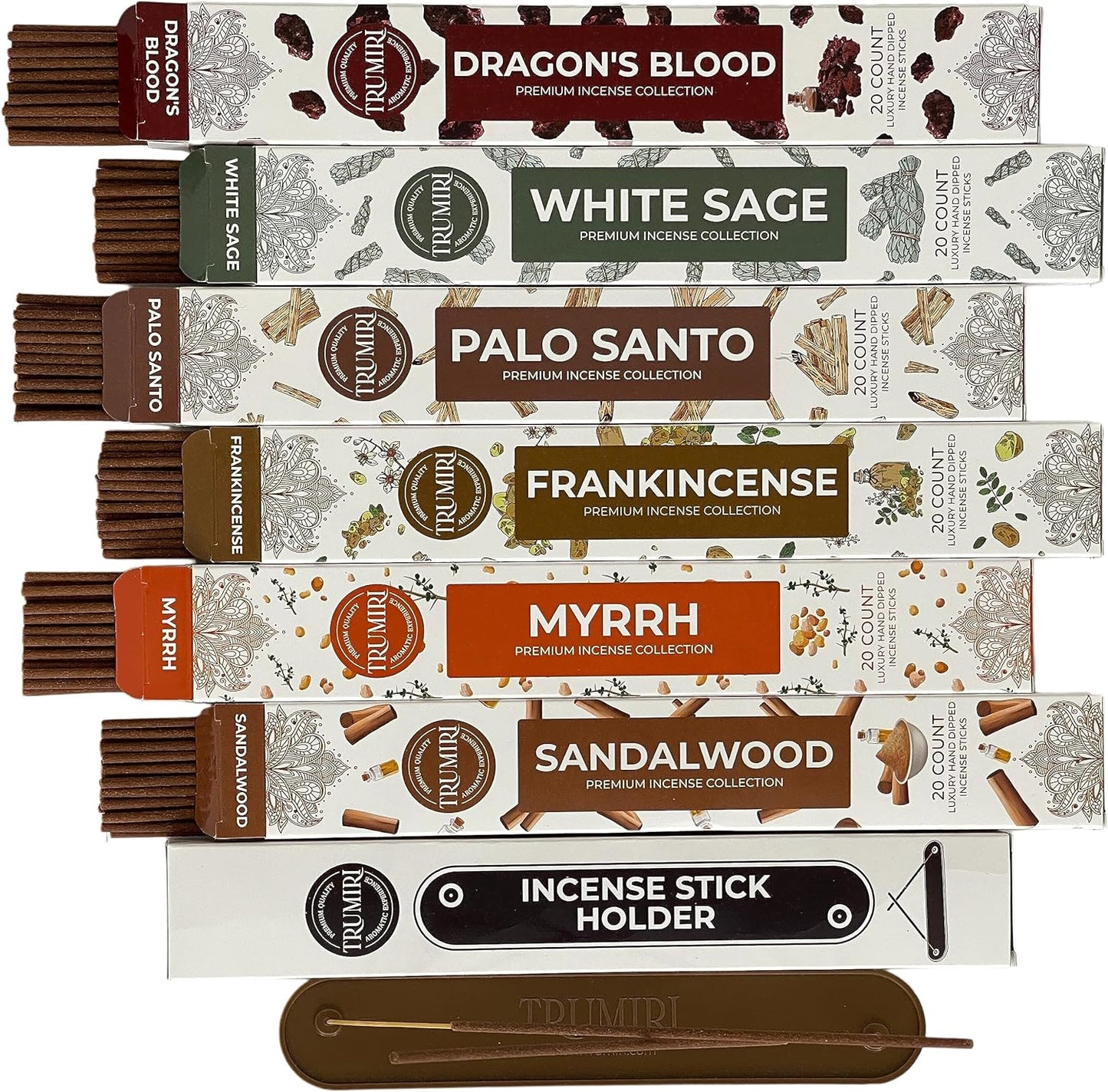 Woody Incense Sticks Variety Pack - 120 Insence-Sticks (6 Incents x 20 Insense) - White Sage Palo Santo Dragons Blood Sandalwood - Natural Inscents-Sticks Non Toxic Cleansing Incienso + Burner Holder