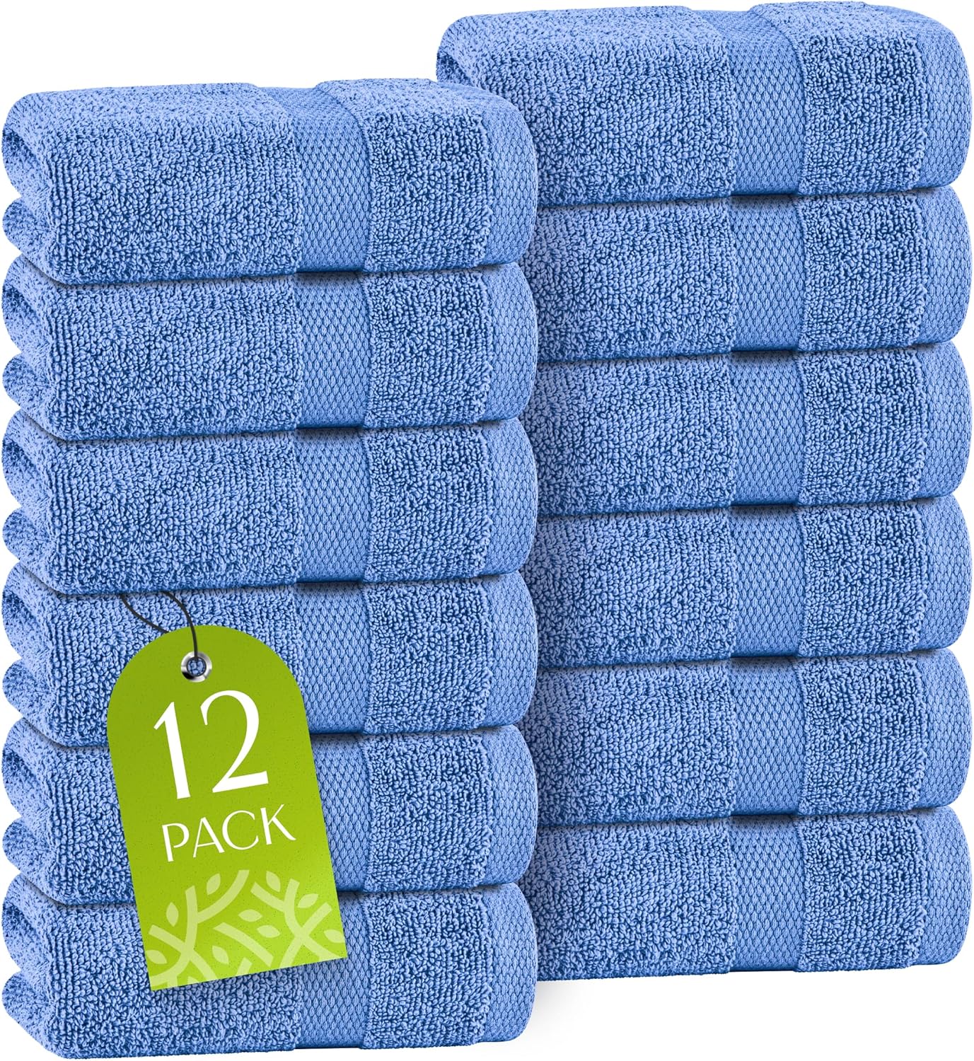 White Classic Light Blue Washcloths Set for Body and Face Towel, Cotton Wash Cloths Bulk 12 Pack, Spa Fingertip Wash Clothes 12x12 Inch, Soft Absorbent Gym Towels