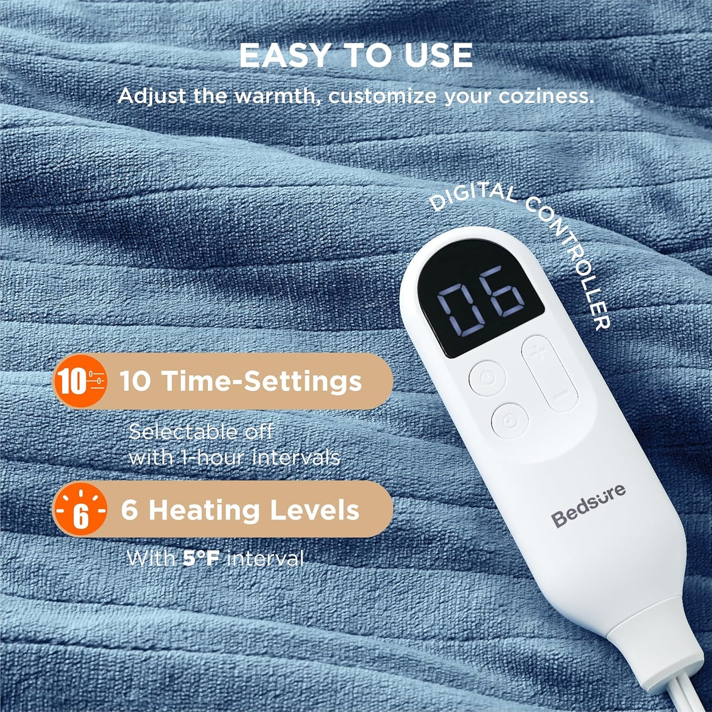 Bedsure Electric Blanket Twin - Soft Flannel Heated Blanket, Fast Heating with 10 Time Settings & 6 Heat Settings, Warm Gift for Grandma (62x84 inches, Blue)