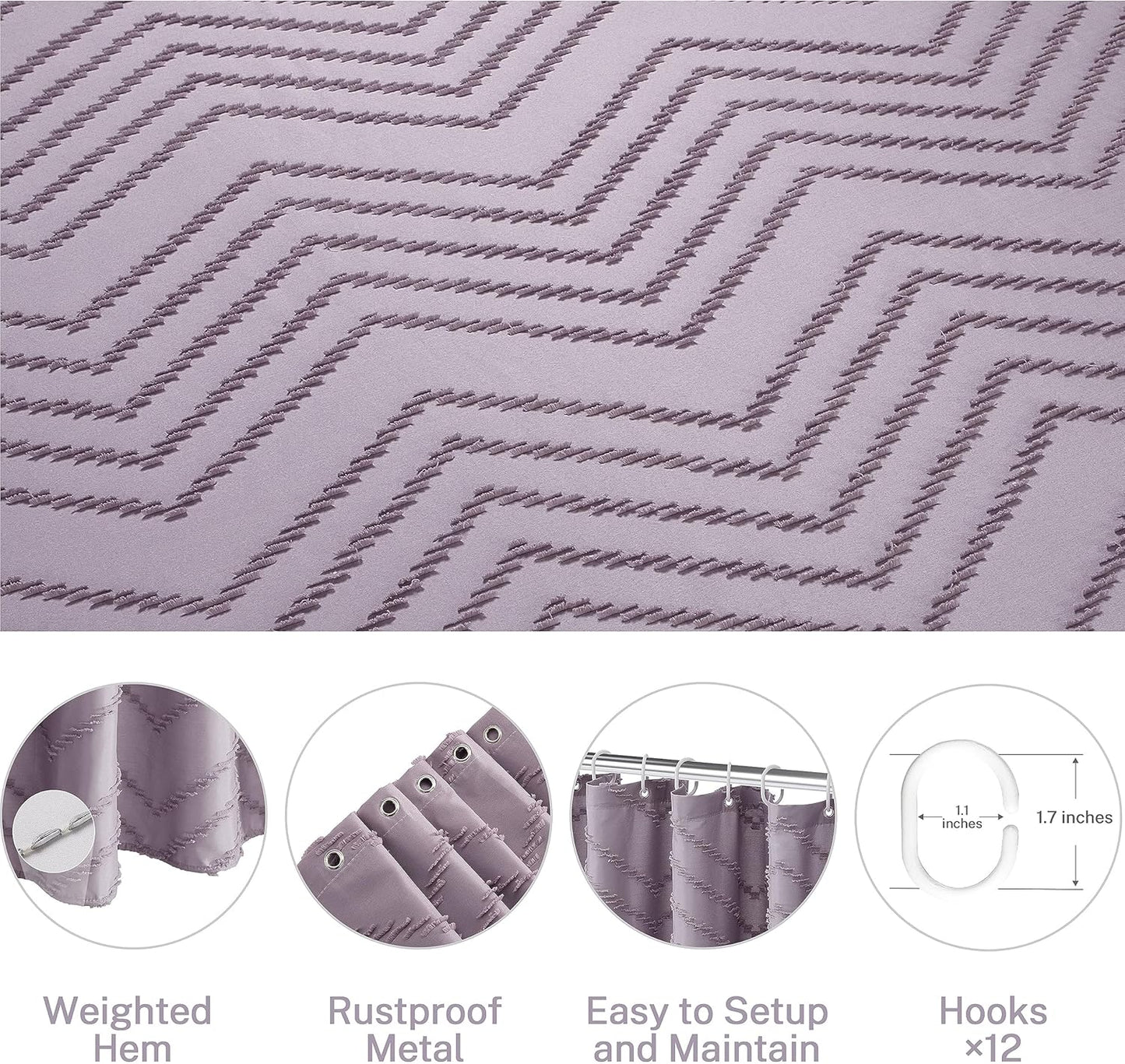 Purple Boho Shower Curtain Woven Fabric Purple Cute Shower Curtain Modern Farmhouse Textured Tufted Chevron Striped Minimalist 72 x 72 Bathroom Shower Curtain